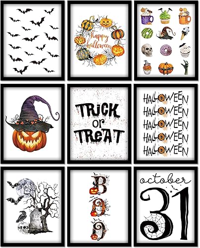 Whaline 9 impresiones artísticas de pared de Halloween de 8 x 10 pulgadas, diseño de murciélago de calabaza, decoración de Halloween, impresiones