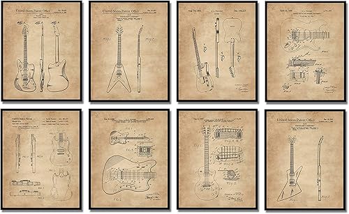 Regalos de guitarra, decoración de sala de música, juego de 8 (8 x 10), arte de pared enmarcado, decoración de estudio de música, regalos únicos