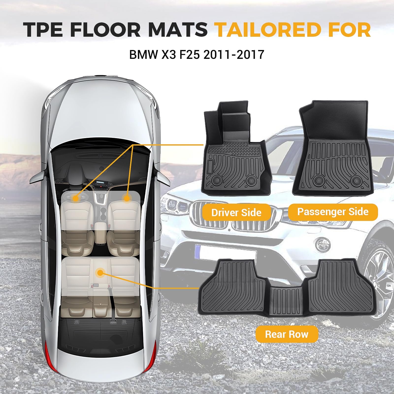 All Weather Floor Mats Compatible with 2011-2017 BMW X3 F25 3D TPE Rubber Full Cover Protection Car Mats — view 2