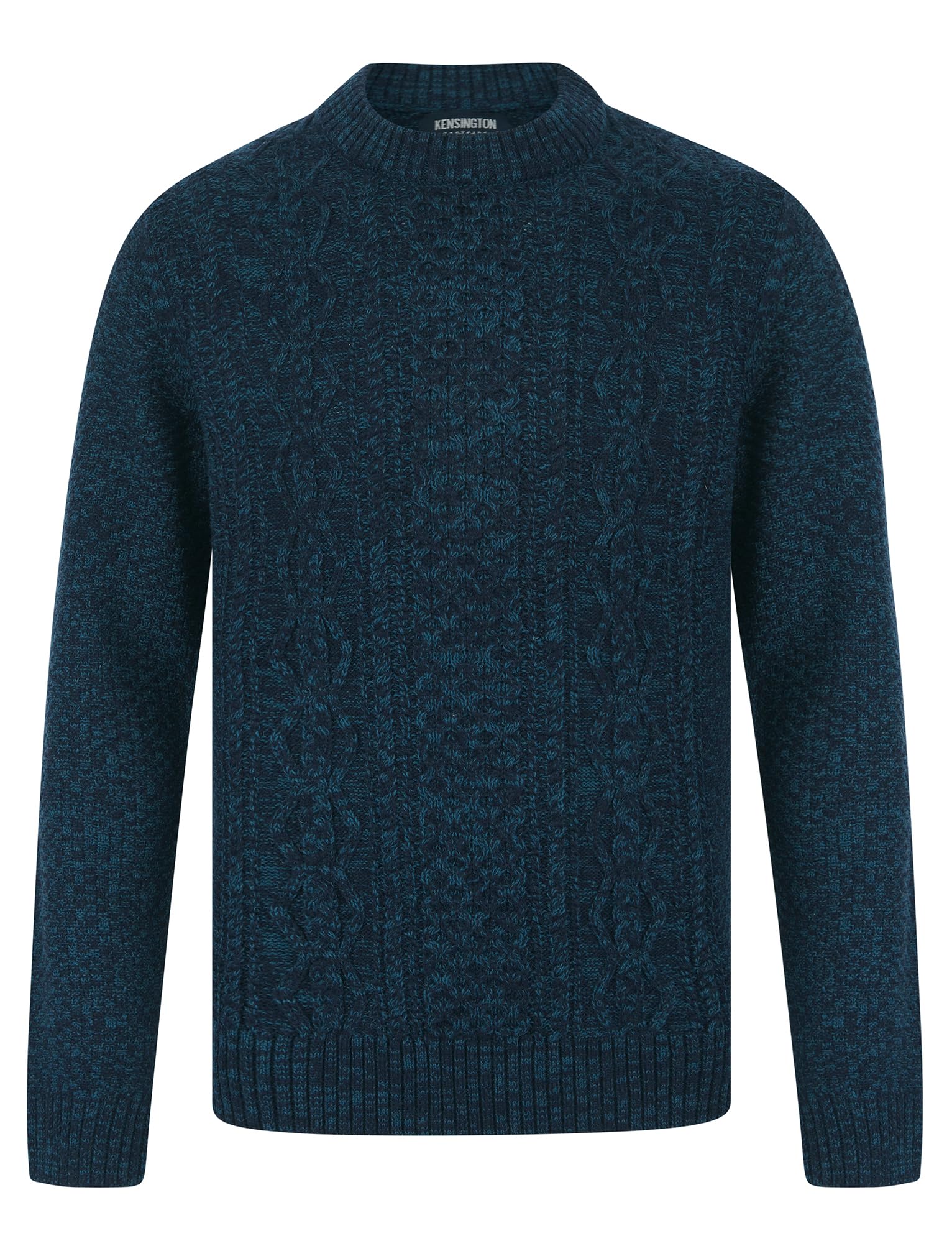 Kensington Eastside Men's Petrol / Teal Twist 'Goldstein' Wool Blend Chunky Cable Knitted Crew Neck Jumper