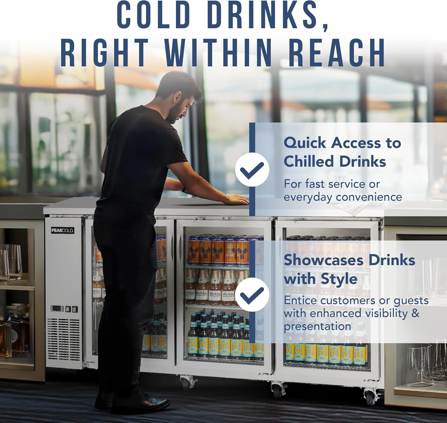 PEAKCOLD 3-Door Counter Height Beverage Refrigerator - 73" Wide Energy Efficient Stainless Steel Beer Fridge With Glass Doors & White LED Lighting - Commercial Back Bar Cooler