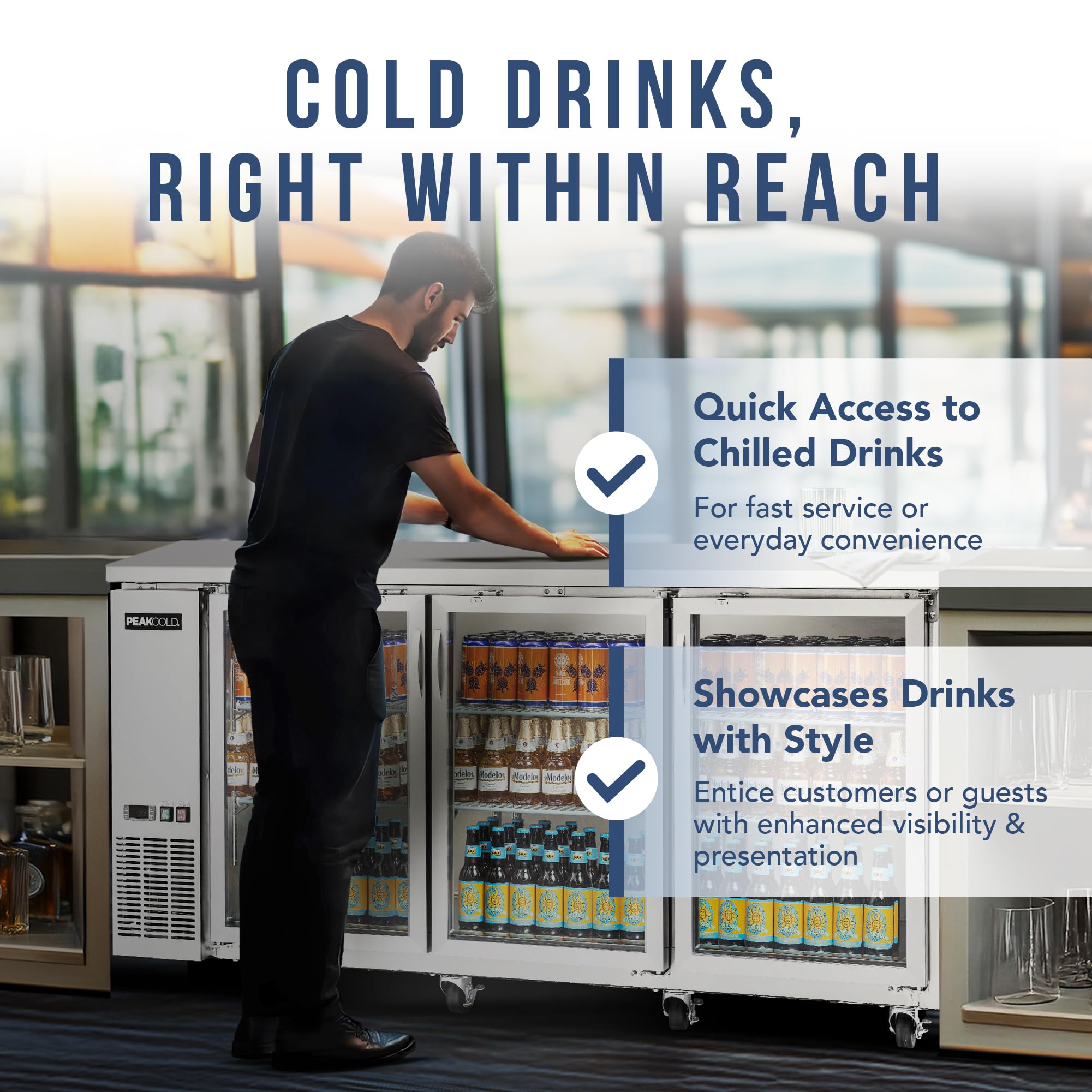 Peakcold 3-Door Counter Height Beverage Refrigerator - 73" Wide Energy Efficient Stainless Steel Beer Fridge With Glass Doors & White LED Lighting - Commercial Back Bar Cooler on Fridge.com - View 3