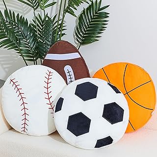 Juexica 4 Pcs Sports Throw Pillows Fluffy Stuffed Soccer Basketball Baseball Pillow Plush Toy Sport Cushion for Room Decor Birthday Present(Large,Fabric)