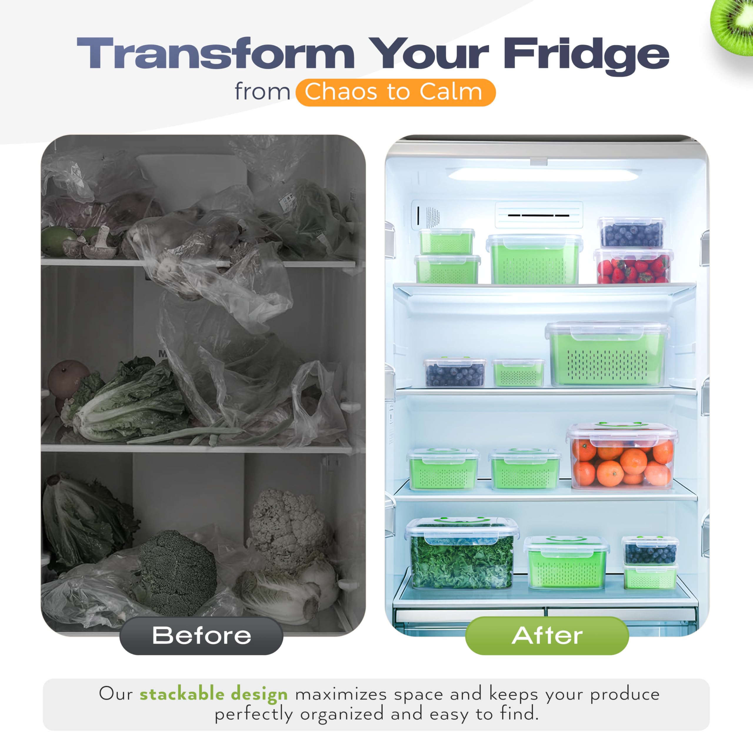 Contenedores de almacenamiento de frutas para nevera, almacenamiento de frutas y verduras y almacenamiento de productos, contenedores de productos que ahorran espacio para refrigerador