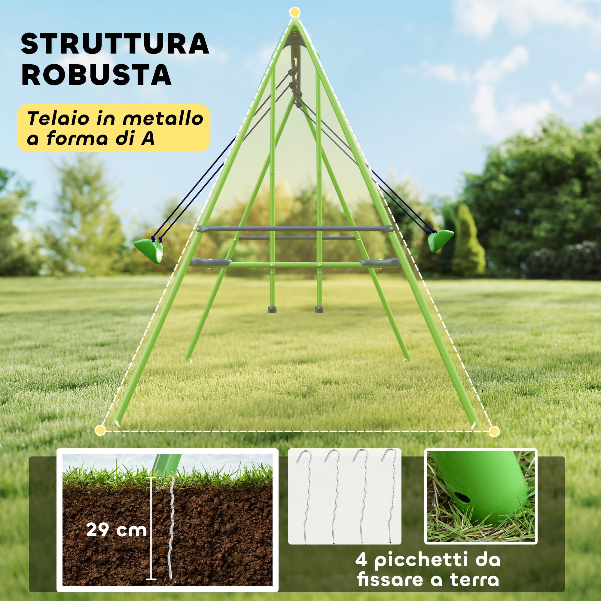 Outsunny Set Altalene da Giardino per 4 Bambini, 1 Altalena Doppia e 2 Altalene Singole, Capacità di peso 45kg (Altalena) 180kg (Totale), 280x140x178cm