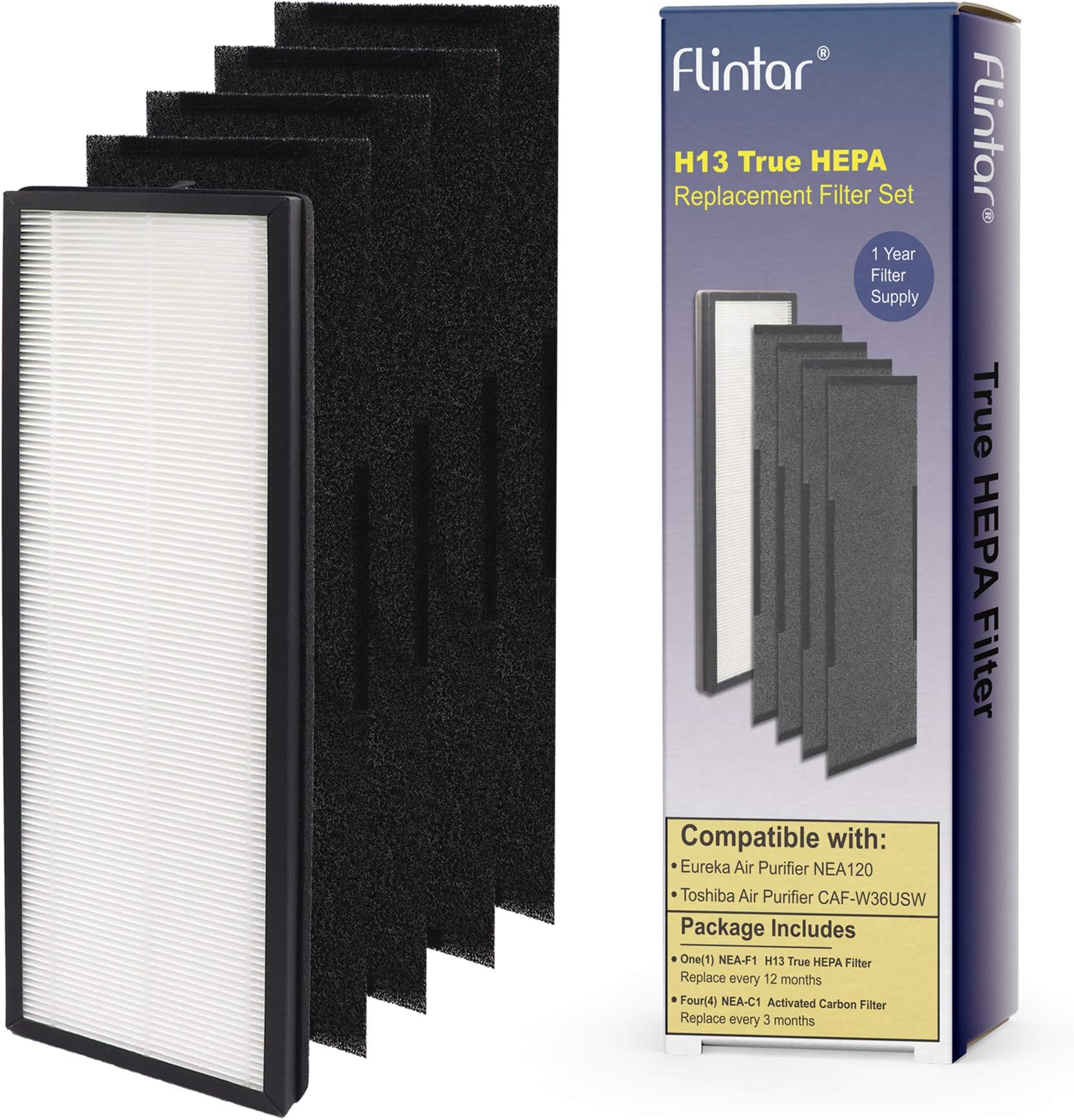Flintar H13 True HEPA Replacement Filter, Compatible with Eureka NEA120 and Toshiba Smart WiFi Air Purifier, H13 Medical Grade True HEPA (NEA-F1) and 4 Activated Carbon Filters (NEA-C1)