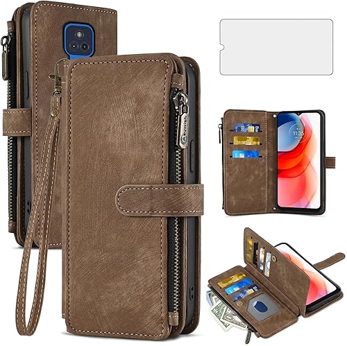 Asuwish Funda de teléfono para Moto G Play 2021 y protector de pantalla de vidrio templado, soporte para tarjetas de crédito, accesorios para celda,