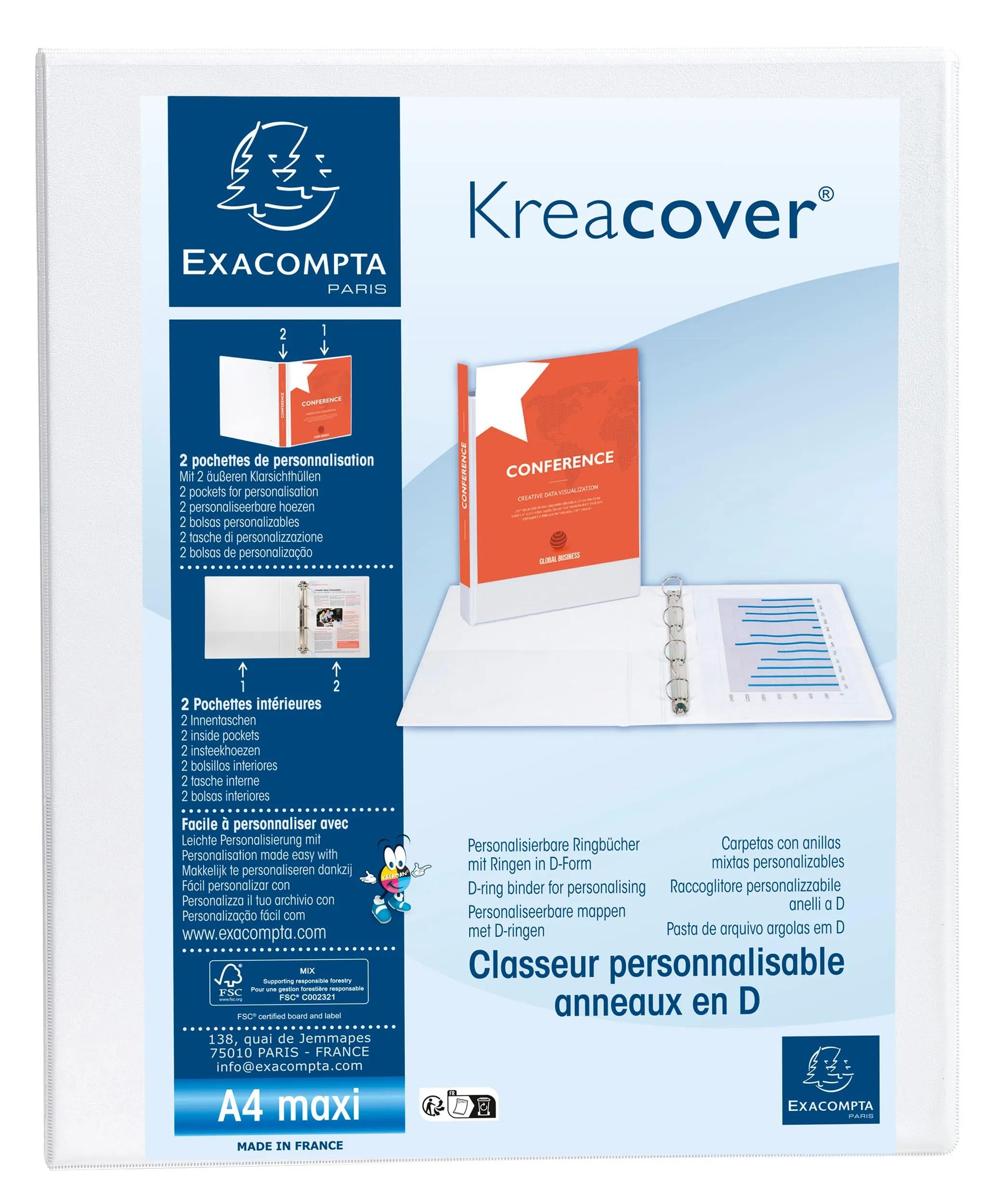 Exacompta - Ref 51922E - Box of 10 Customizable Binders 2 Pockets - 2 x 30mm D Rings - Spine 47mm - External Dimensions: 32 x 27.8 cm - A4 Maxi File Format - White