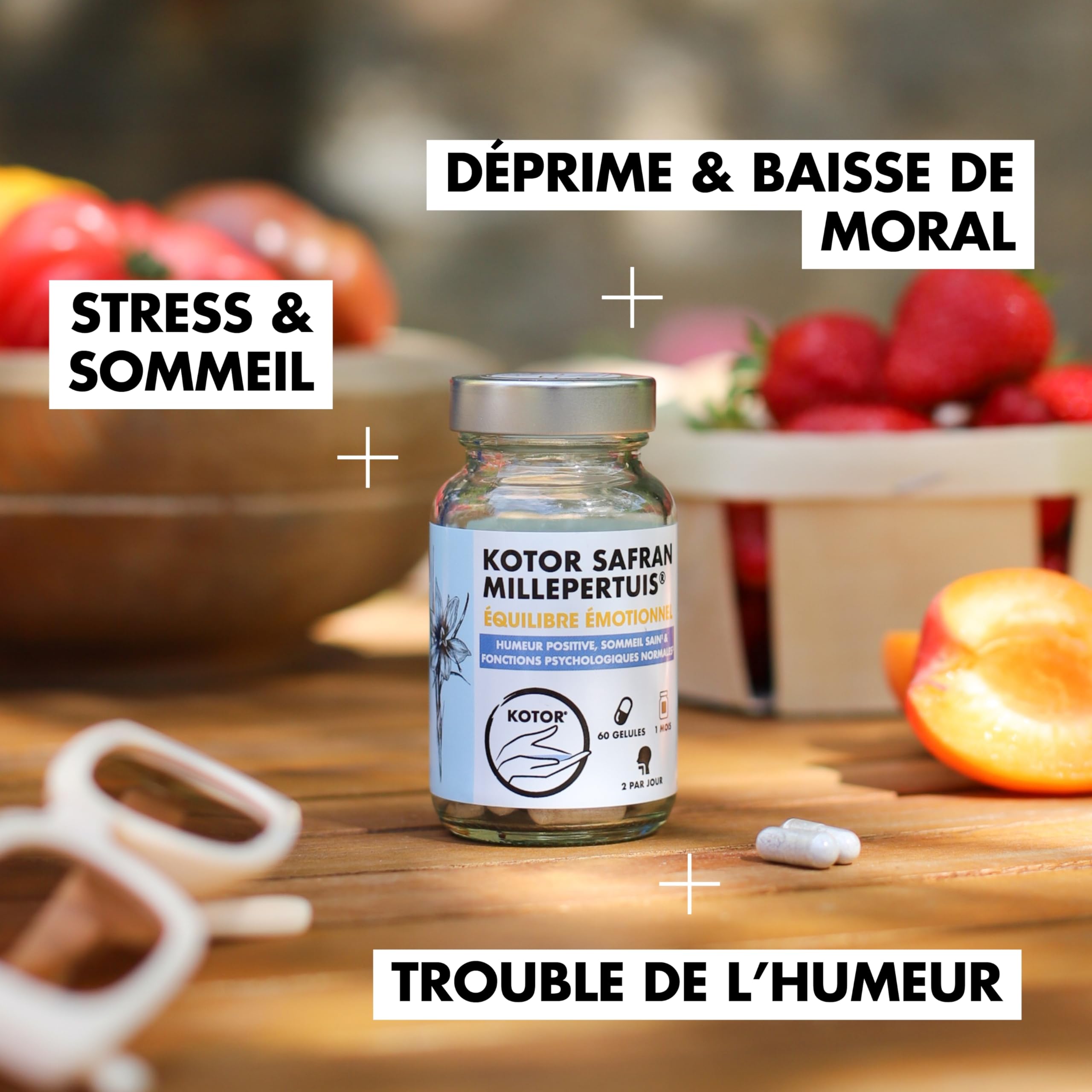 KOTOR SAFRAN MILLEPERTUIS | Anti Déprime, Baisse de Moral, Trouble de l’Humeur | Millepertuis + Safran + Magnésium Marin + Vitamine B12 & B9 | 60 Gélules | 1 Mois | Produit en France
