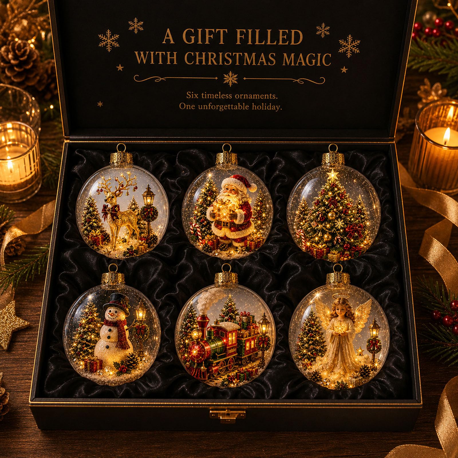 Glowing Christmas Diorama Ornament, Miniature Winter Scene in Clear Acrylic Ball with Warm LED Light, Hanging Festive Decor for Christmas Tree Mantel Shelf, for Family (A-F)