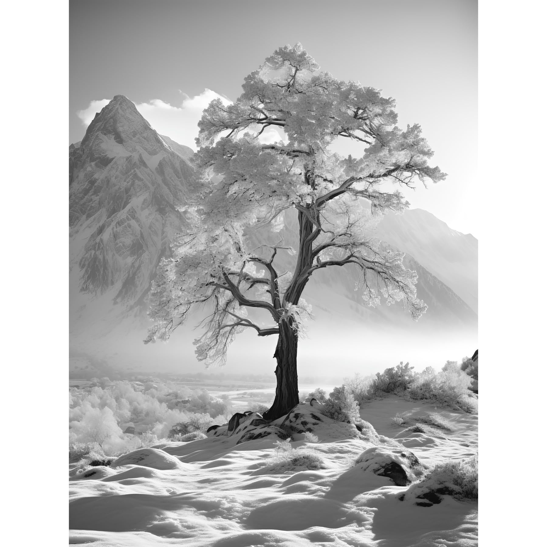 Artery8 Frozen Tree in Snowy Mountain Landscape Bright Black and White Photograph Winter Sunrise Crisp Morning Light Unframed Wall Art Print Poster Home Decor Premium