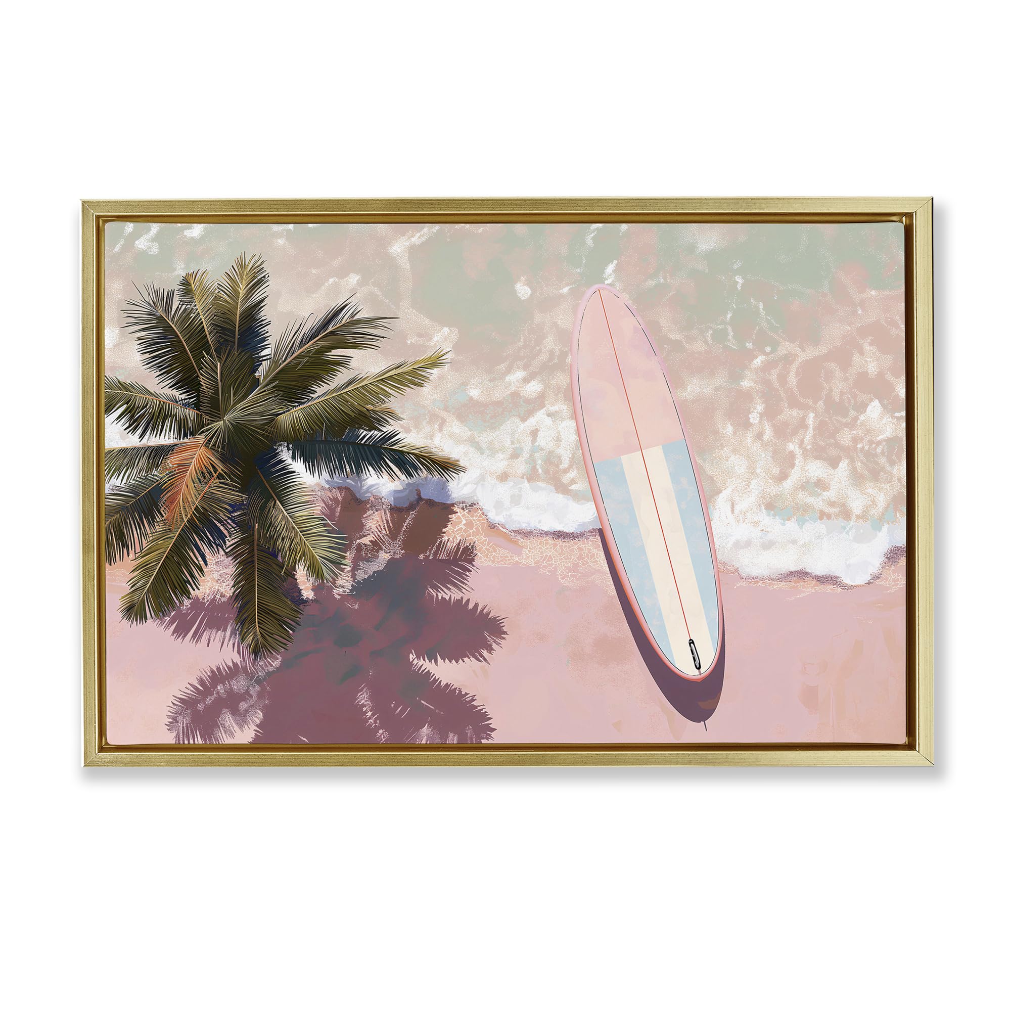 Stupell Industries Metallic Gold (Matte) 'Blush Pink Surfboard & Palm', Floating Frame Canvas Art, Gold, 25 X 17 Inches, Easy To Hang And Sturdy, Made In Usa, By Jacky Ngan