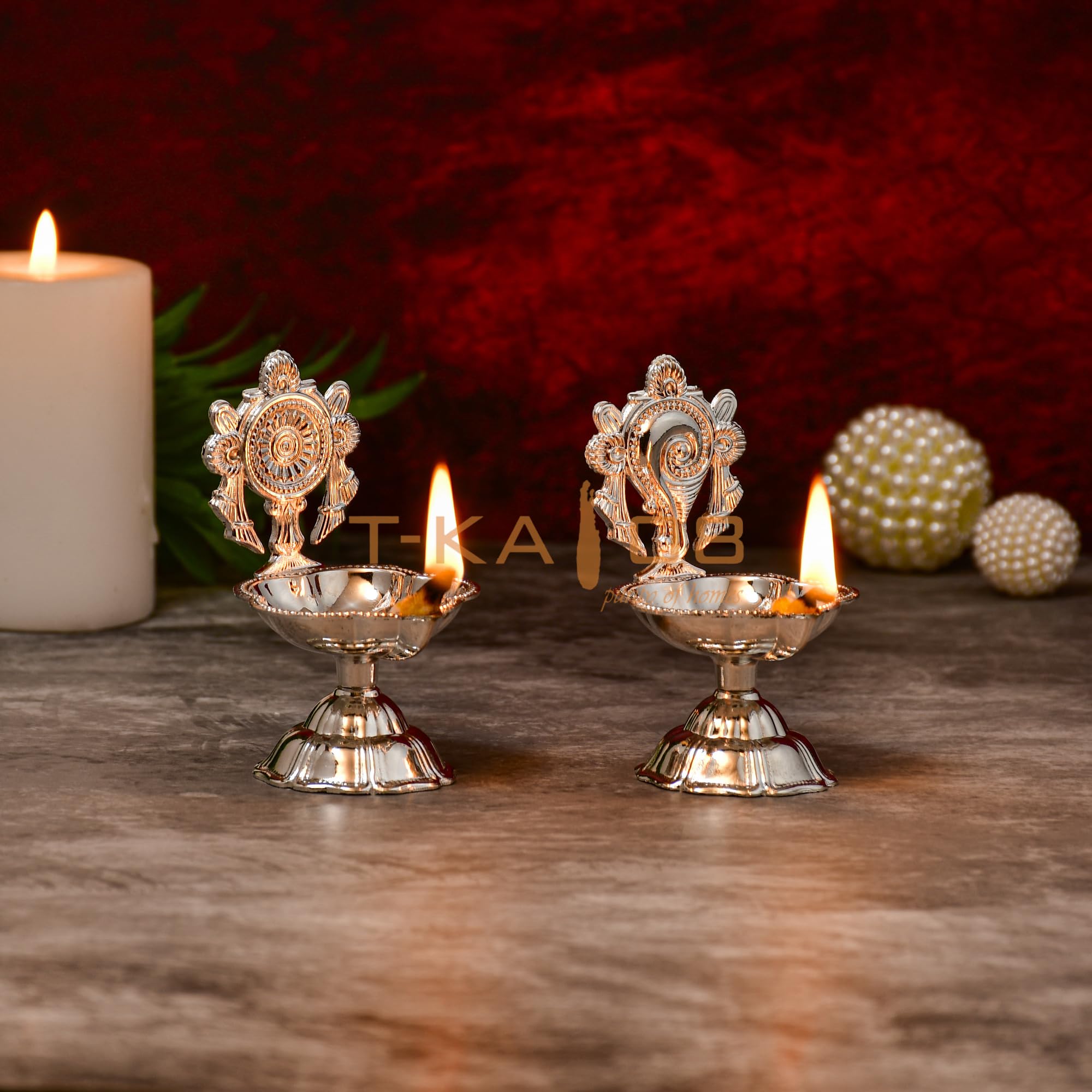 Elegant German Silver Oil lamp Set for puja with Shanku-Chakra. Brass (Pack of 2) Table Diya Set (Height: 3.5 inch)-image-39