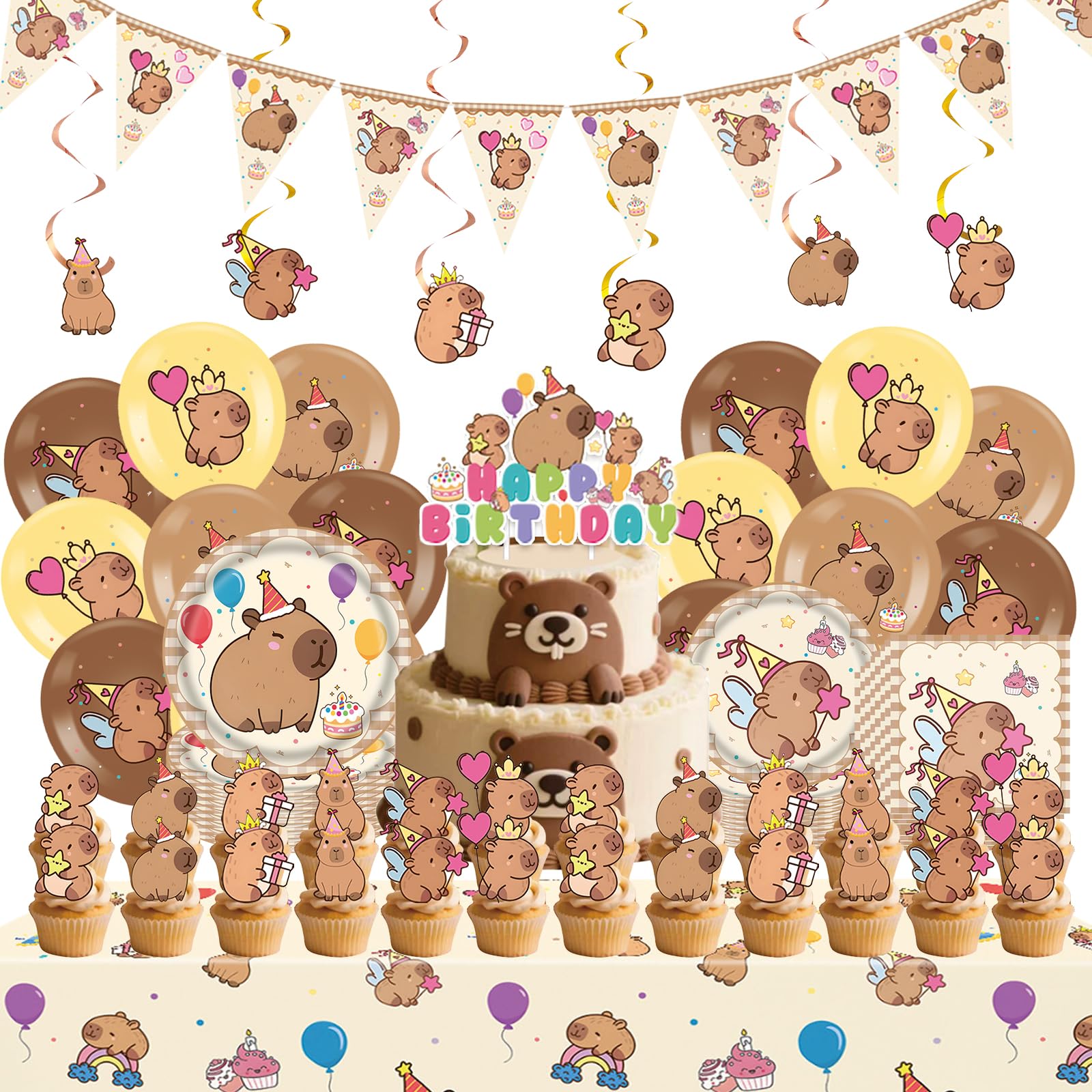 91 Pcs Capybaara Vajilla de Cumpleaños, Capybaara Decoracion Cumpleaños | Pancarta, Mantel, Accesorios Para Fiesta