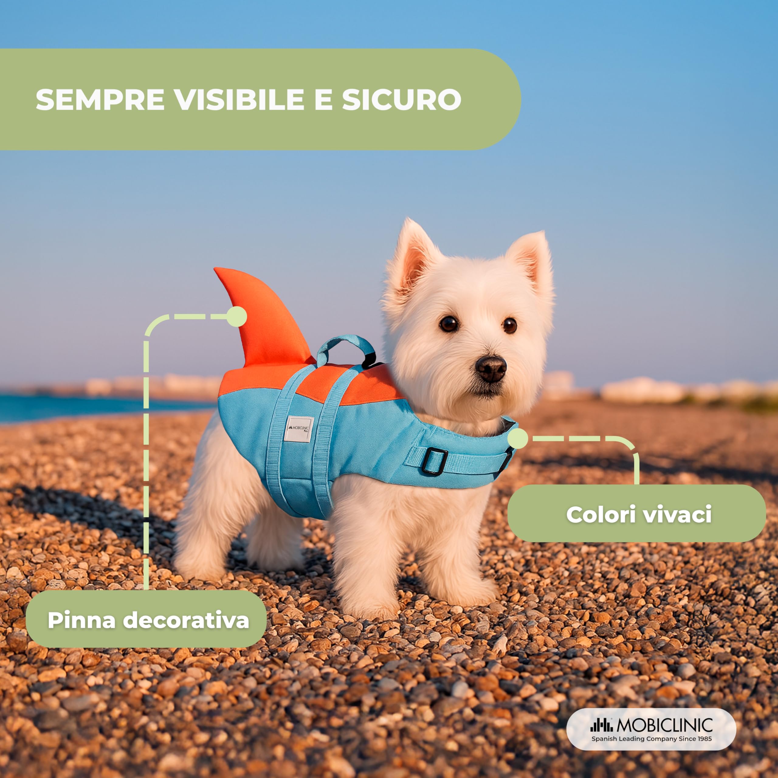 Mobiclinic®, Salvagente per Cane, Design a Pinna di Squalo, Maniglia di Salvataggio, Imbracatura Regolabile, Anello per Guinzaglio, Galleggiabilità e visibilità, Leggero, Adatto per Nuoto, Vela