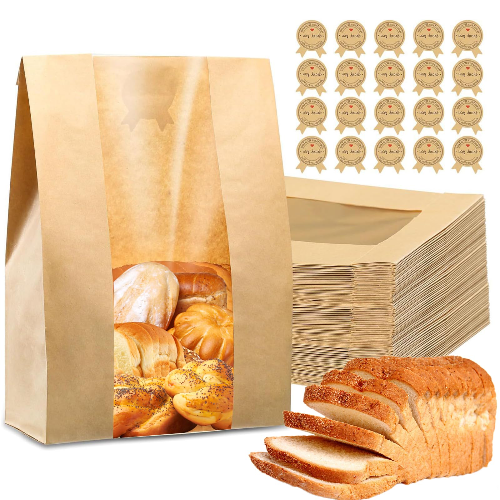 Husoue Brown 50 Pcs Paper Bread Bags For Homemade Bread, Sourdough Bread Bag With Window 13.7X8.2x3.5 In Kraft Paper Bakery Bag With Stickers For Sandwiches Biscuits Cakes