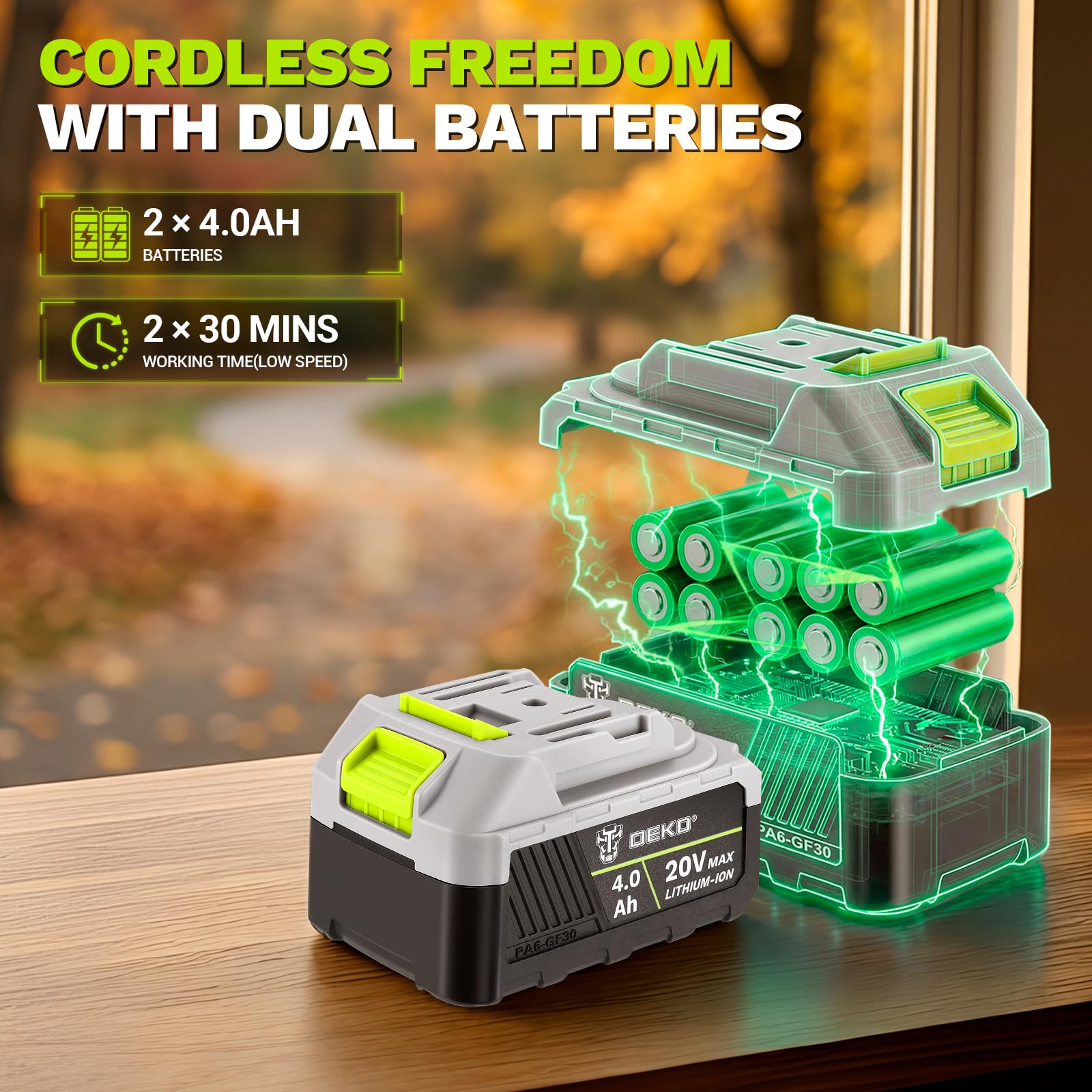 DEKOPRO Souffleur de Feuilles sans Fil avec de 2x4,0 Ah Batteries, 2 Vitesses, Débit d'air Max 1100 m³/h, 257 km/h, pour Cour, Pelouse, Jardin