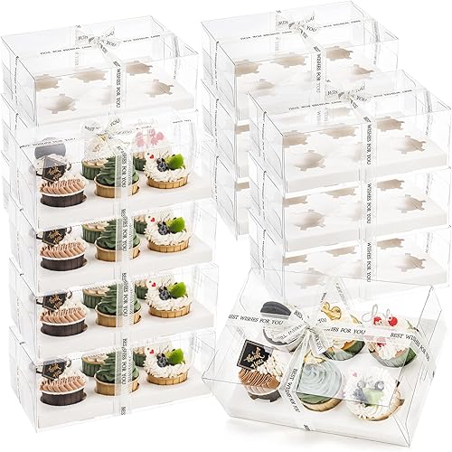 Cedilis Paquete de 15 cajas transparentes para cupcakes, 6 recipientes para cupcakes con cinta de regalo, soporte de plástico para cupcakes para