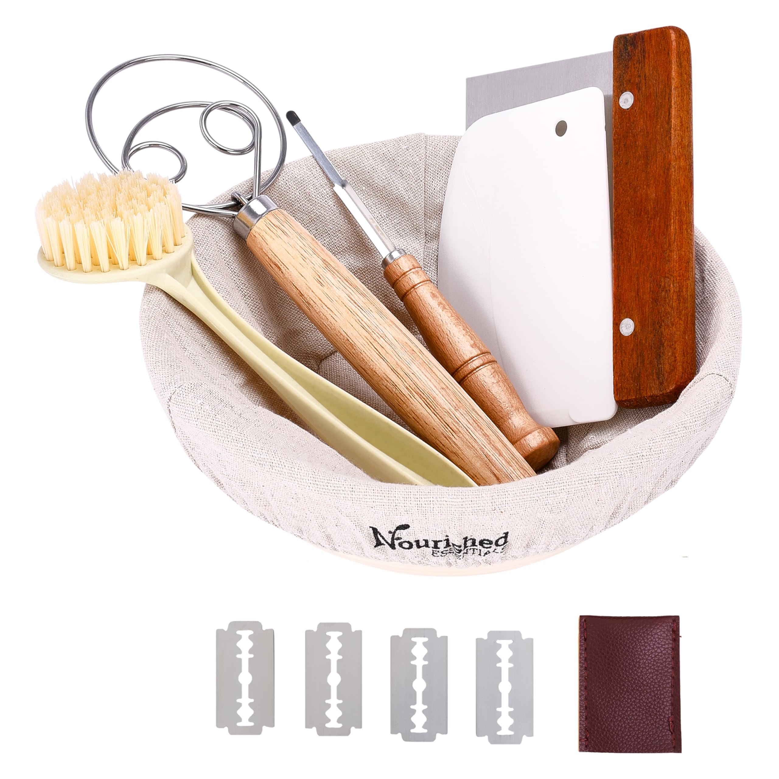 Nourished Essentials Sourdough Kit, Set of 11 - Starter Kit with Banneton Bread Proofing Basket - Sourdough Bread Baking Supplies and Lame Dough Scraper Liner - Gifts for Bakers - Round 7" Basket