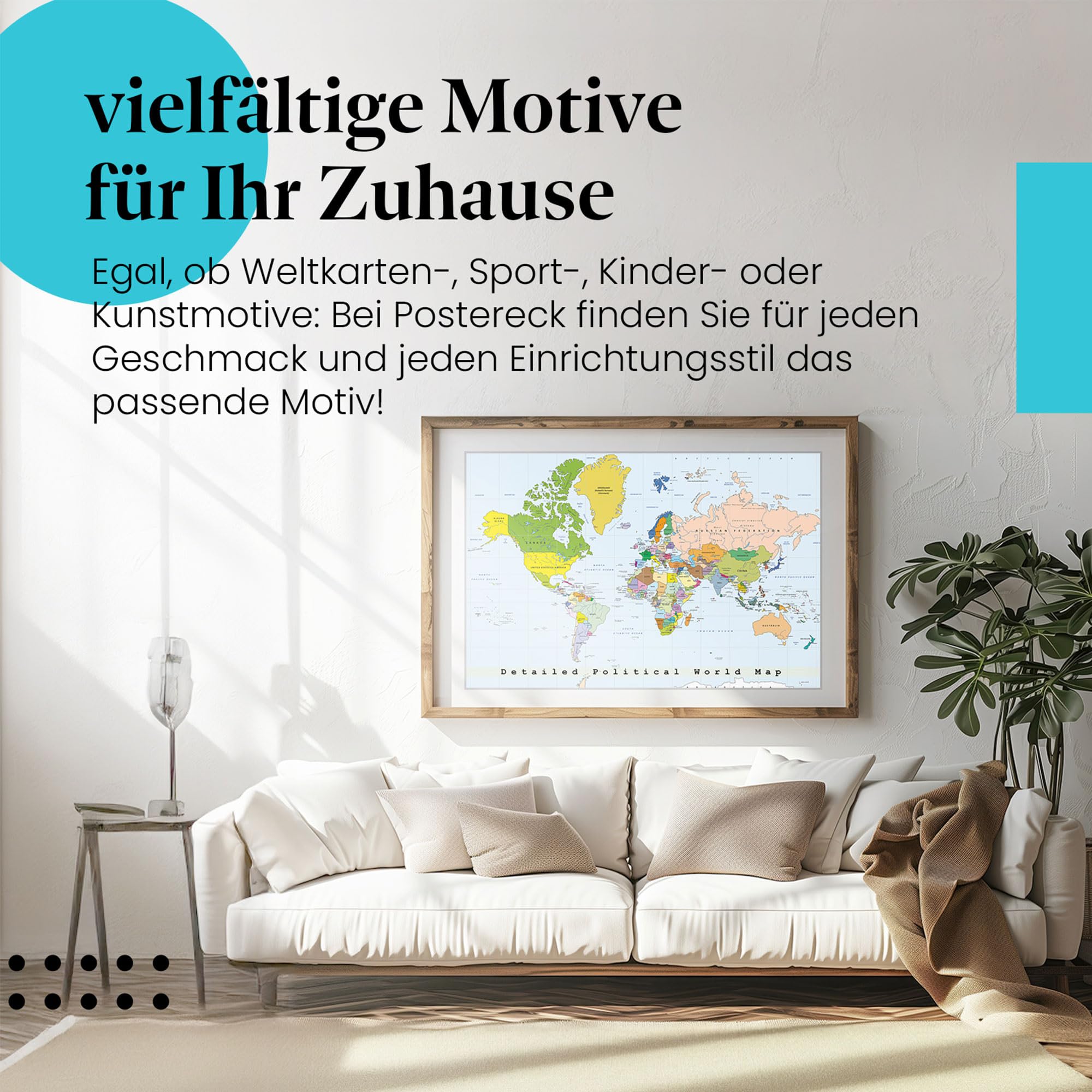 Postereck - 0556 - Detaillierte politische Weltkarte, Hauptstädten - Unterricht Klassenzimmer Schule Wandposter Fotoposter Bilder Wandbild Wandbilder - Leinwand - 75,0 cm x 50,0 cm