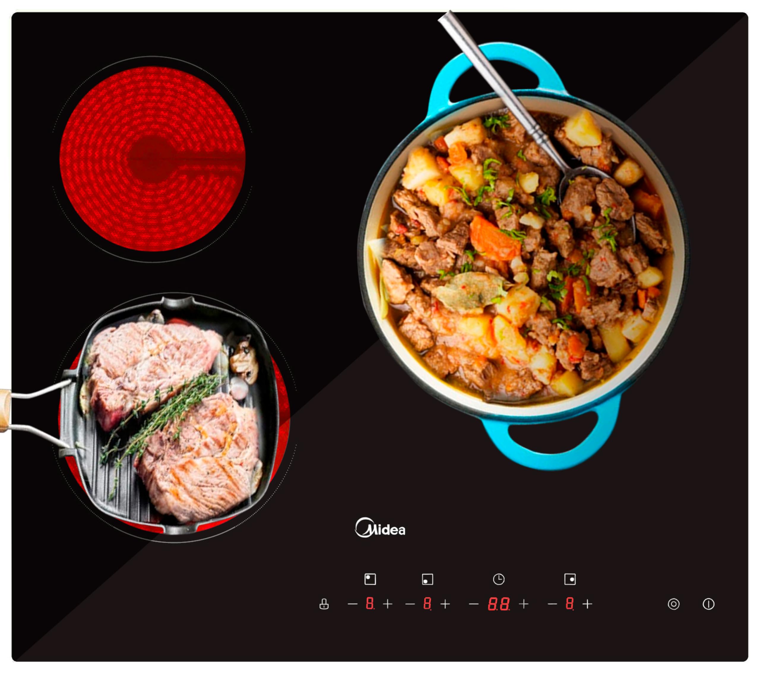 MIDEA Placa Vitroceramica 3 fuegos 5200 W - Vitrocerámica Integrada con Panel de control tactil, Indicador de Luz, Temporizador, Child lock y Protección sobre calentamiento