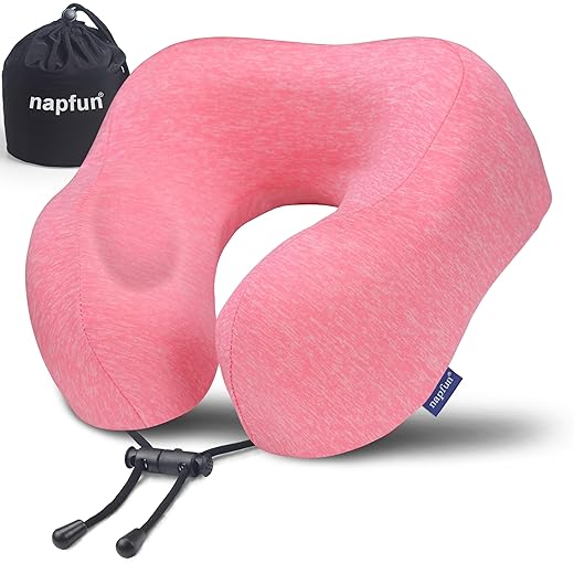 napfun Neck Pillow for Traveling, Upgraded Travel Neck Pillow for Airplane 100% Pure Memory Foam Travel Pillow for Flight Headrest Sleep, Portable Plane Accessories, Rose