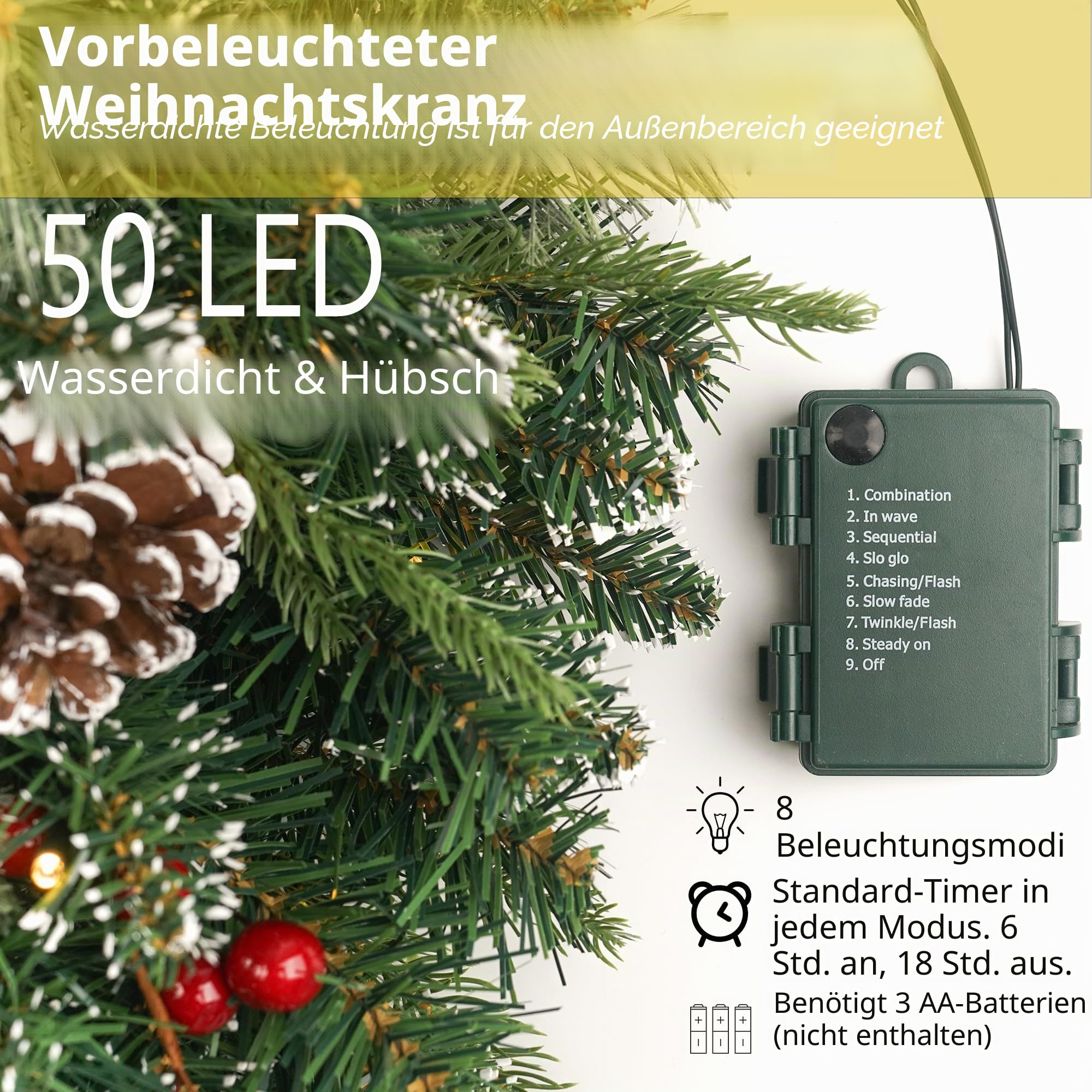 Weihnachtskranz Snowy Vorbeleuchtet 61.0 cm mit 50 Licht & Tannenzapfen, Künstliche Weihnachtskränze für Haustür mit Lichtern, Kranz für Weihnachtsdekoration Tür Fenster Wand Grün