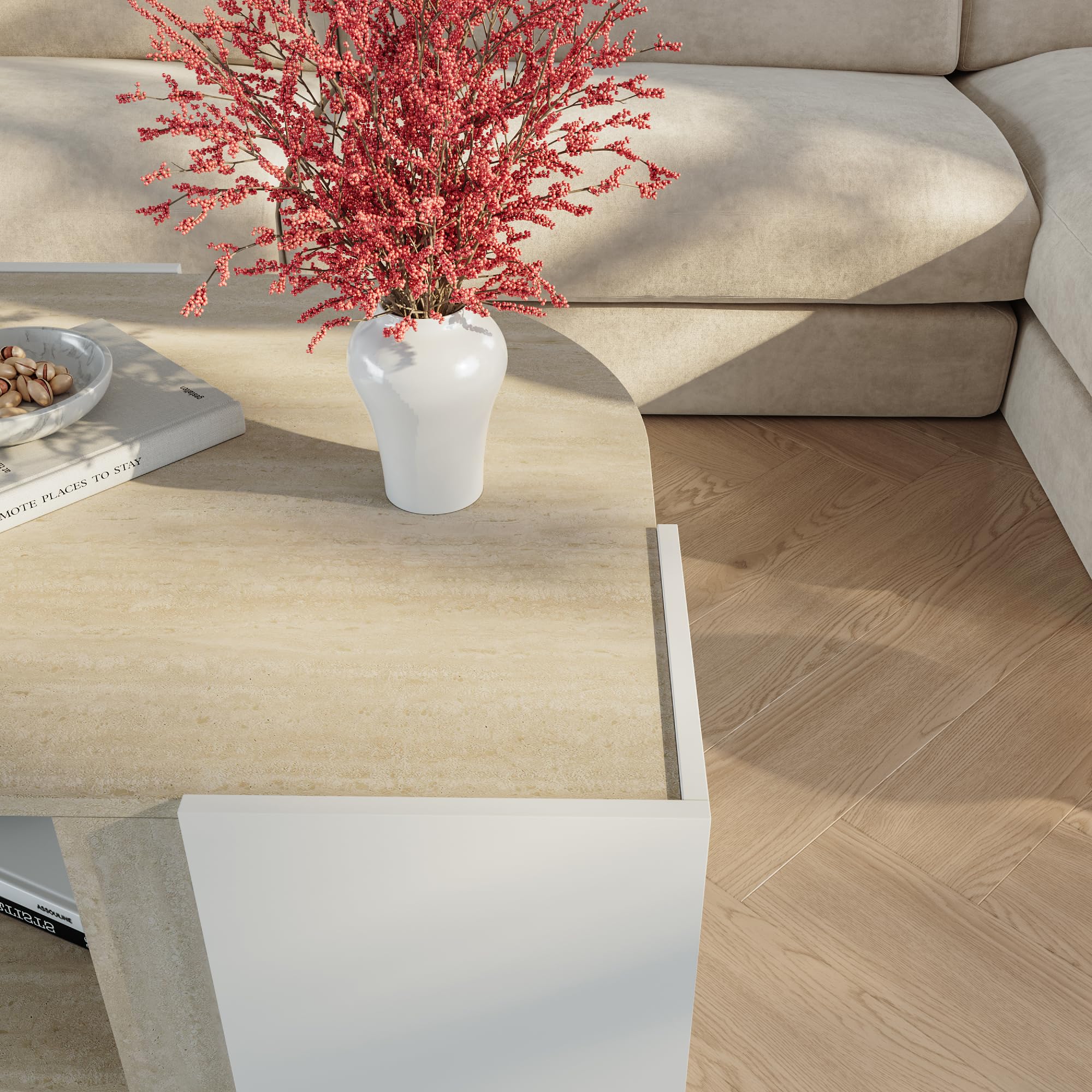 [en.casa] Tavolino Centrale da Salotto con Piano Curvo Tavolo Basso da Caffè con Ripiano Vano Aperto per Soggiorno Living Studio 75 x 75 x 40 cm - Bianco/Color Avorio Travertino