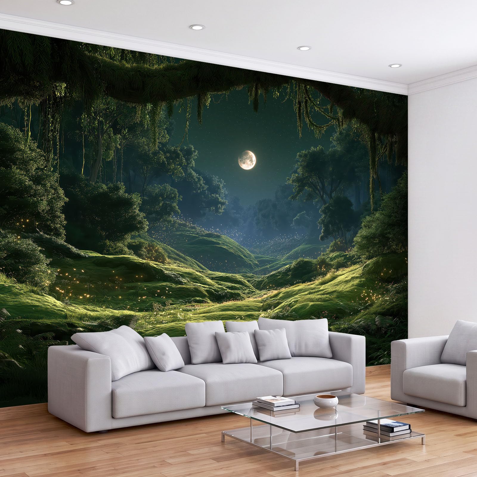 Générique 200 x 140 cm panoramiczna tapeta fantasy magia Wald Nachthimmel 3D projekt ścienny, dekoracja ścienna do zdjęć, tapety z włókniny dekoracja ścienna salon sypialnia, zielony