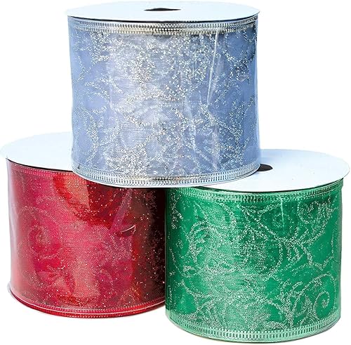Miniatura 2 de Cinta de Navidad para envolver regalos, juego de 2.5 pulgadas, alambre de cinta roja, verde y plateada con purpurina de organza transparente para