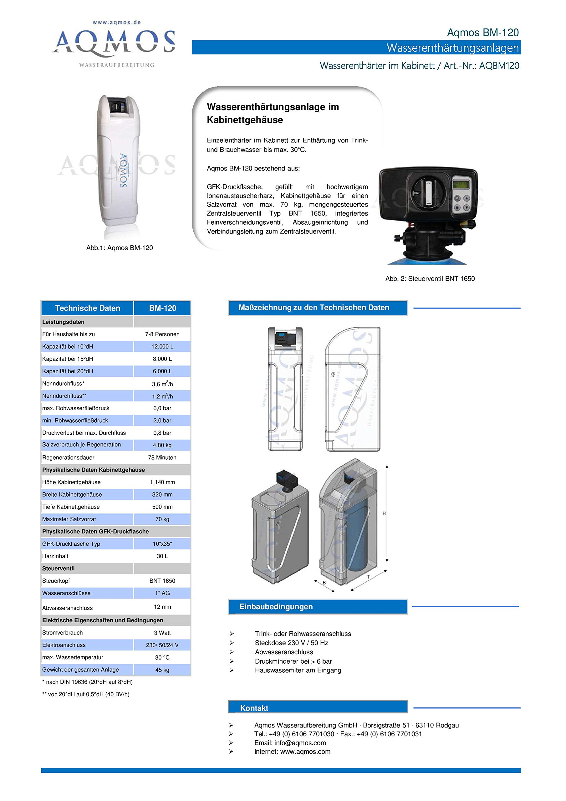 Aqmos BM-120 Wasserenthärtungsanlage Set mit Montageblock 100kg Regeneriersalztabletten für Haushalte bis 9 Personen