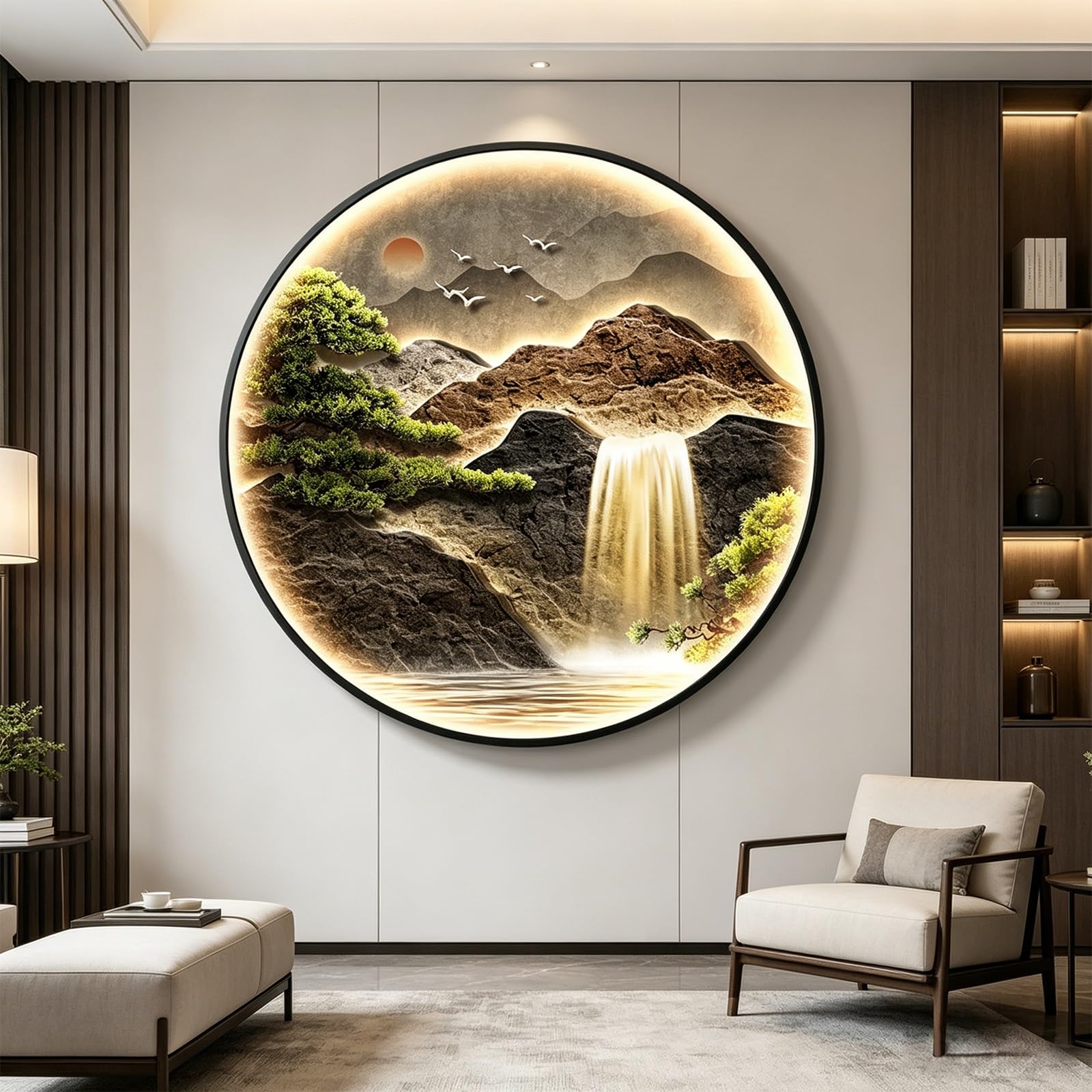 Round Mountain Waterfall Crystal Glass Wall Art, 3D LED Backlit Landscape Painting with Aluminum Alloy Frame Plug in Lighted Decor for Living Room Bedroom Entrance(Black,B,70*70cm/27.6*27.6in)
