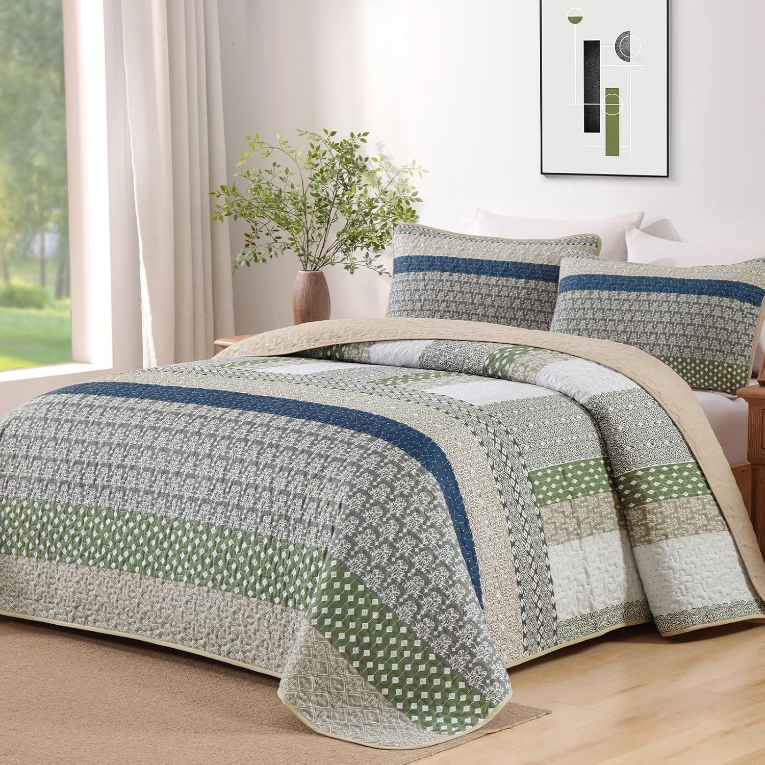 WONGS BEDDING Boho Quilt Queen Size, Bohemian Stripe Quilt Sets 3 Pieces Khaki Green Quilted Bedspread Set Lightweight Microfiber Coverlet Bedding Set All Season (96"x90")
