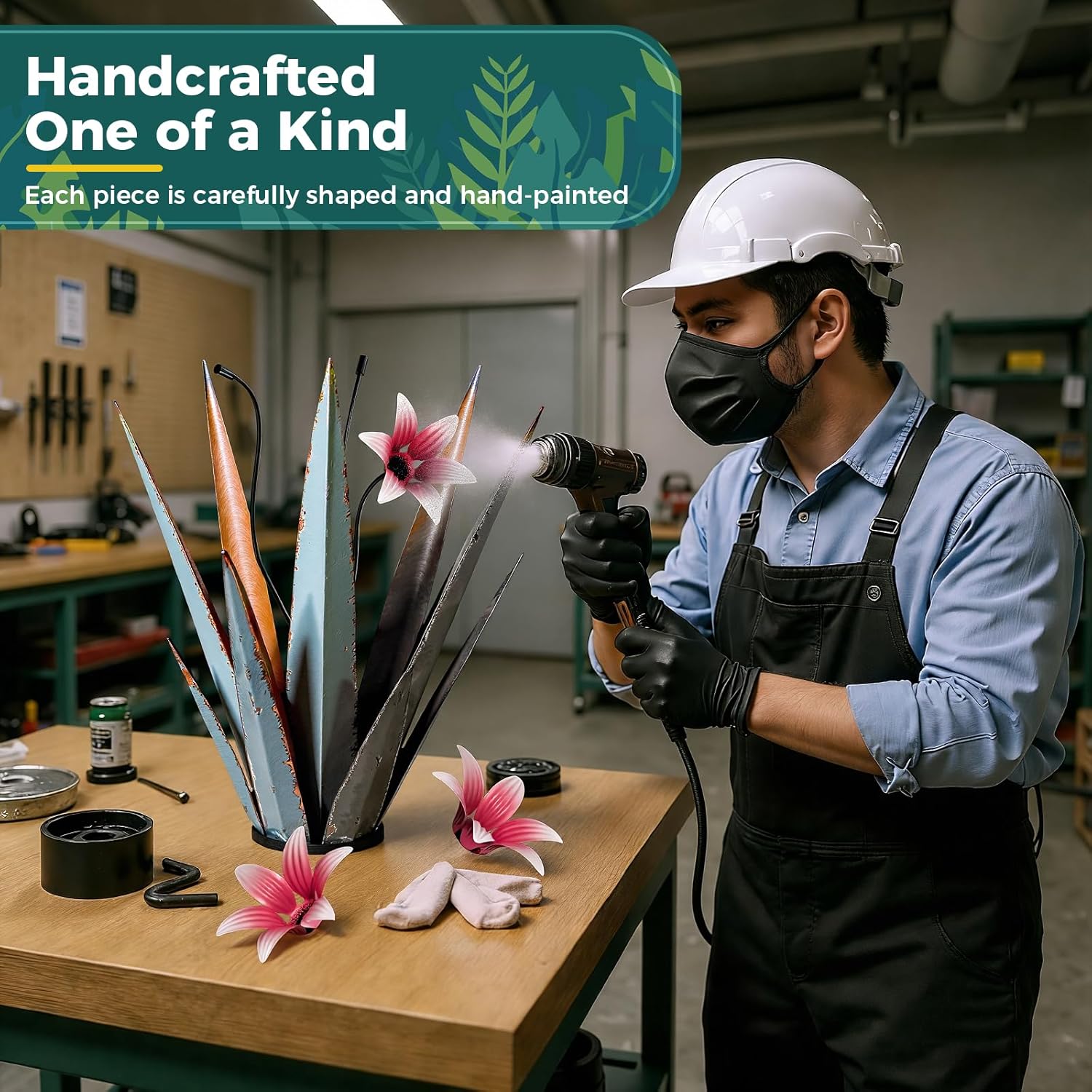 2 Pack Metal Agave Plant Sculptures, Outdoor Agave Plants, Tequila Rustic Sculpture, 16” Hand Painted Garden Decoration Yard Art Plant