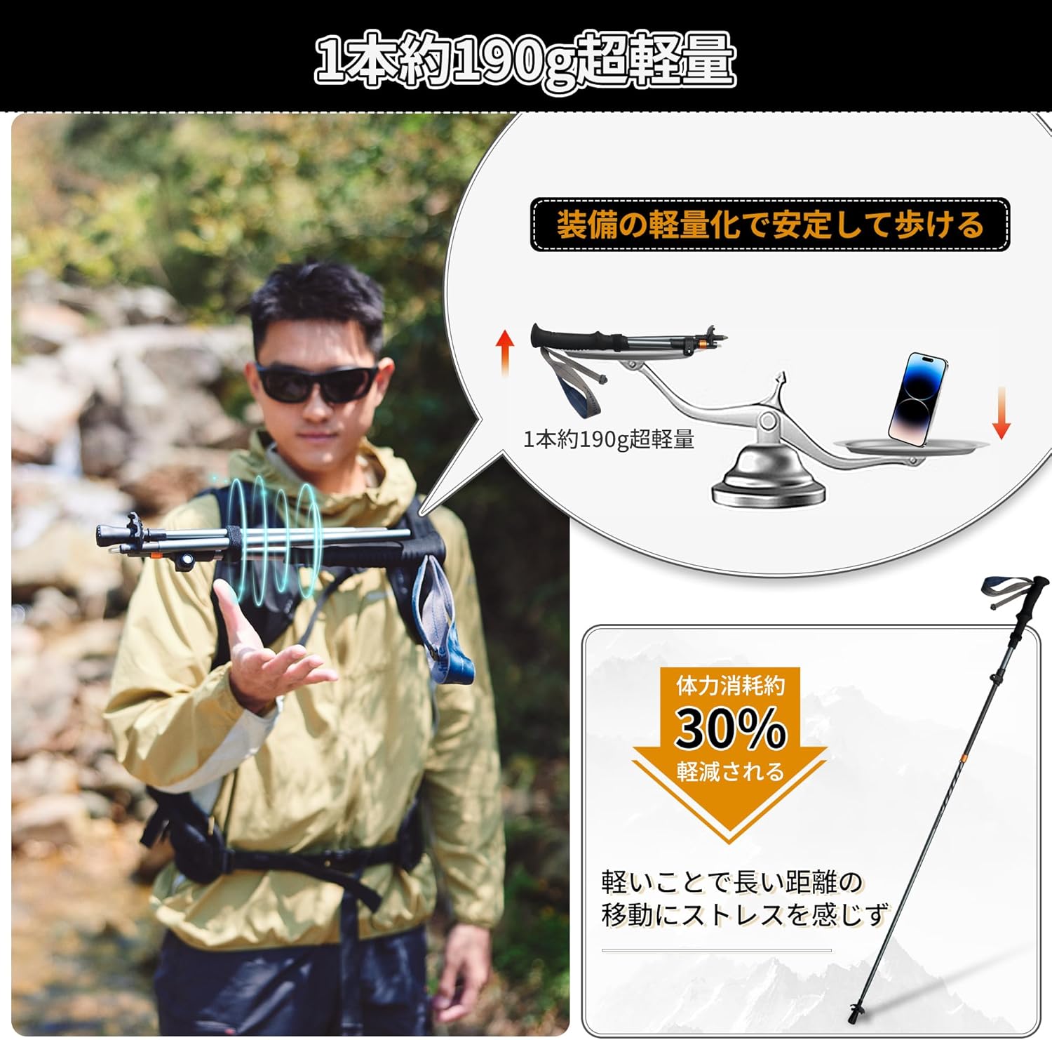 Naturehike トレッキングポール 折りたたみ カーボン＋アルミ 5段伸縮の説明画像2