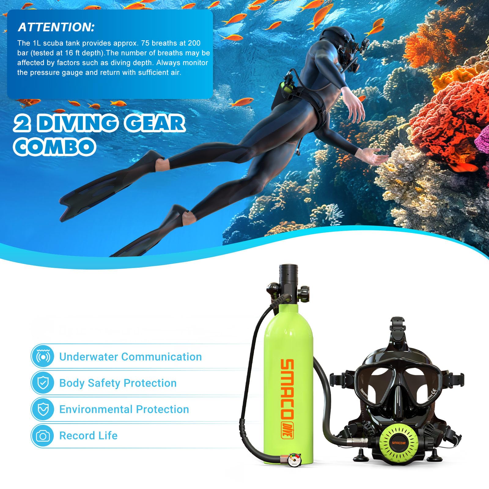 SMACO Mini Bouteille de Plongée avec Masque de Plongée Intégral, S400 Pro 1L Mini Bouteille de Plongee Petite Bouteille d Oxygène Plongee pour sous-Marin Exploration Sauvetage
