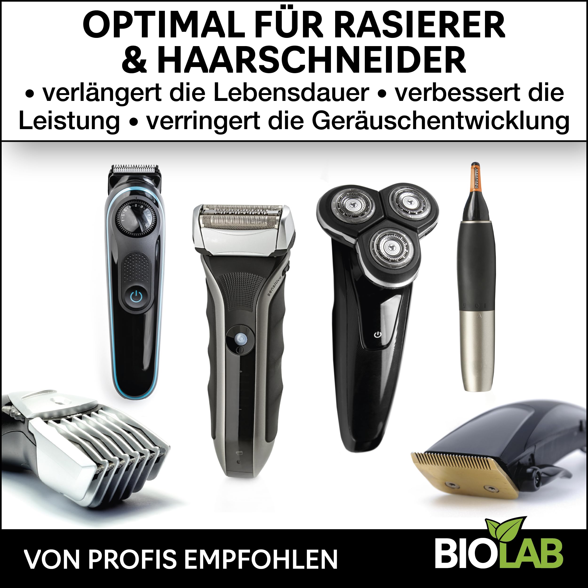 BIOLAB Kit de nettoyage et d'entretien pour tête de rasage – Huile pour tête de rasage (30 ml), spray nettoyant pour tête de rasage (100 ml) + brosse de nettoyage pour rasoir, tondeuse à cheveux et