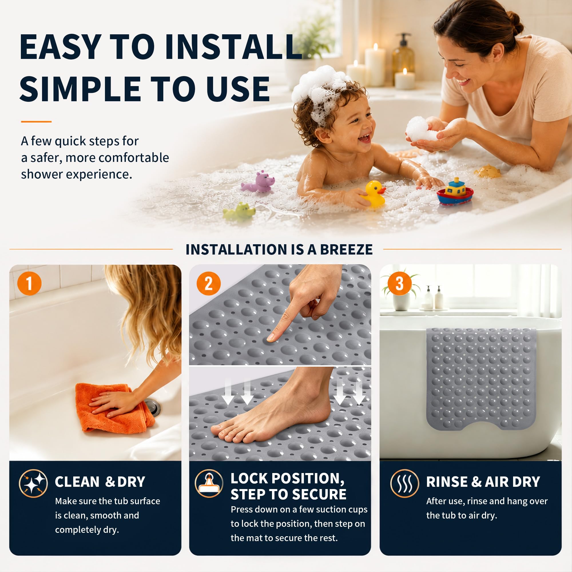 Yimobra Alfombra De Ducha para Bañera Original Extra Larga 16 X 40 Pulgadas, Antideslizante con Orificios De Drenaje, Ventosas, Lavable A Máquina, Gris