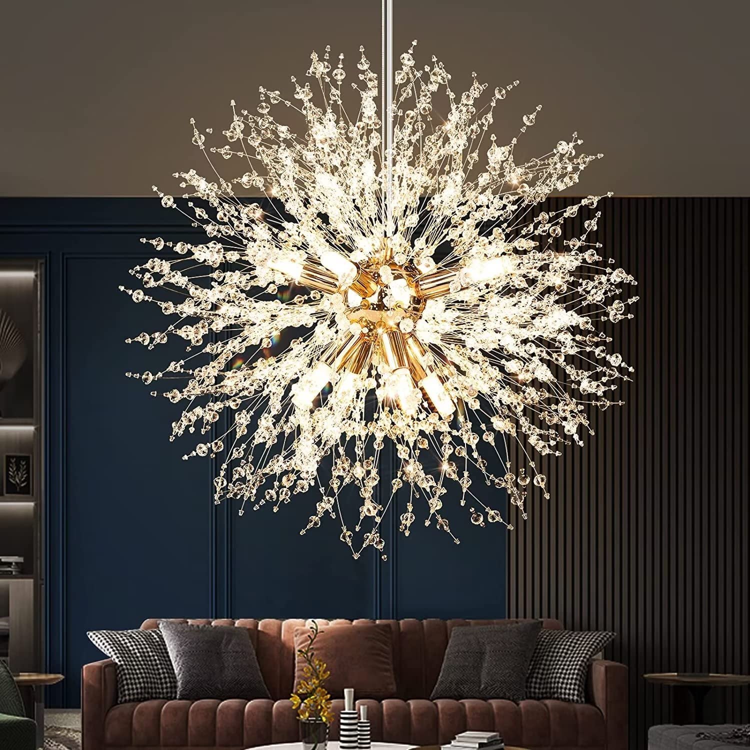SYAXVOM Modern 8-Light Crystal Dandelion Chandelier - Elegant Gold Fireworks Fixture for Living Room Dining Bedroom Kitchen Lighting Decor