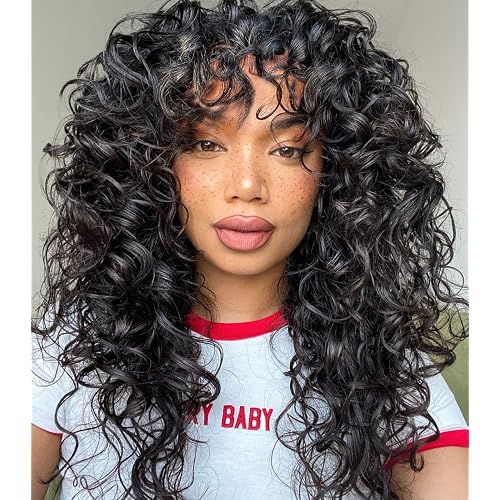 GKtineke-Curly-Wig Big-Curly-Wigs-for-White-Black-Women 20 Inch- Long-Curly-Wig-with-Bangs Synthetic-Hair-Replacement-Wigs-for- Cosplay and Daily (Natural Black)