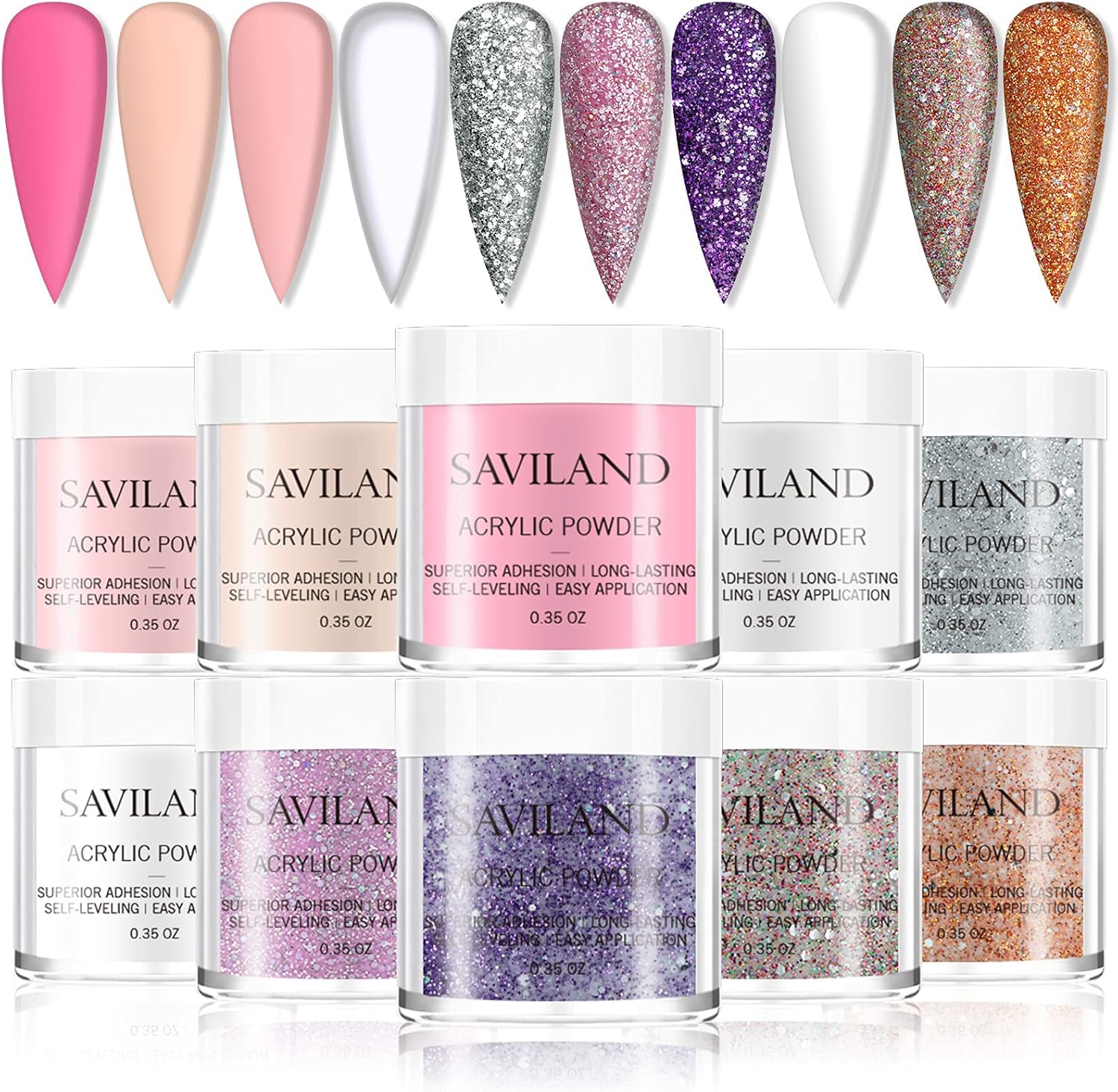 Saviland Nail Acrylic Powder Set, 10 Colors Glitter Acrylic Nail Powder