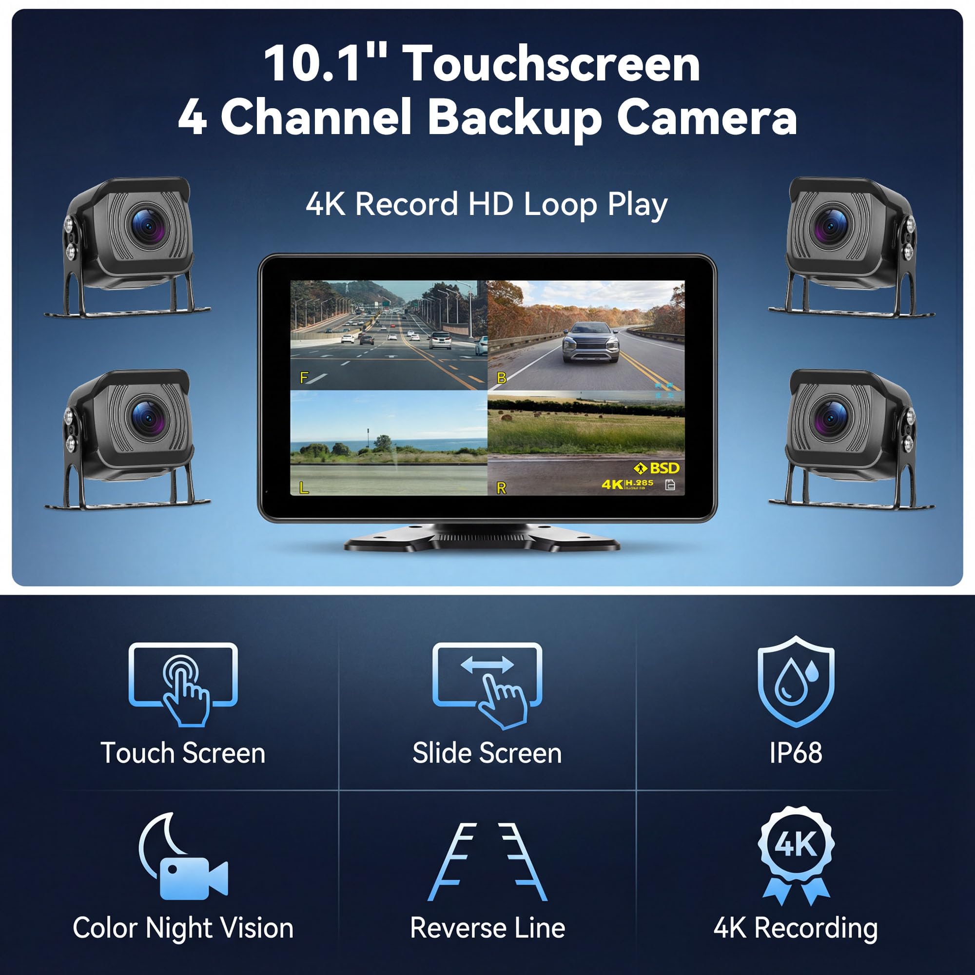 CAMECHO 10.1'' Écran Tactile 4 × 1080P Camera de recul avec Moniteur & IP68 étanche, Vision de Nuit Caméra recul Voiture avec DVR, Moniteur de Stationnement, Écran partagé, Détection d'angle Mort BSD