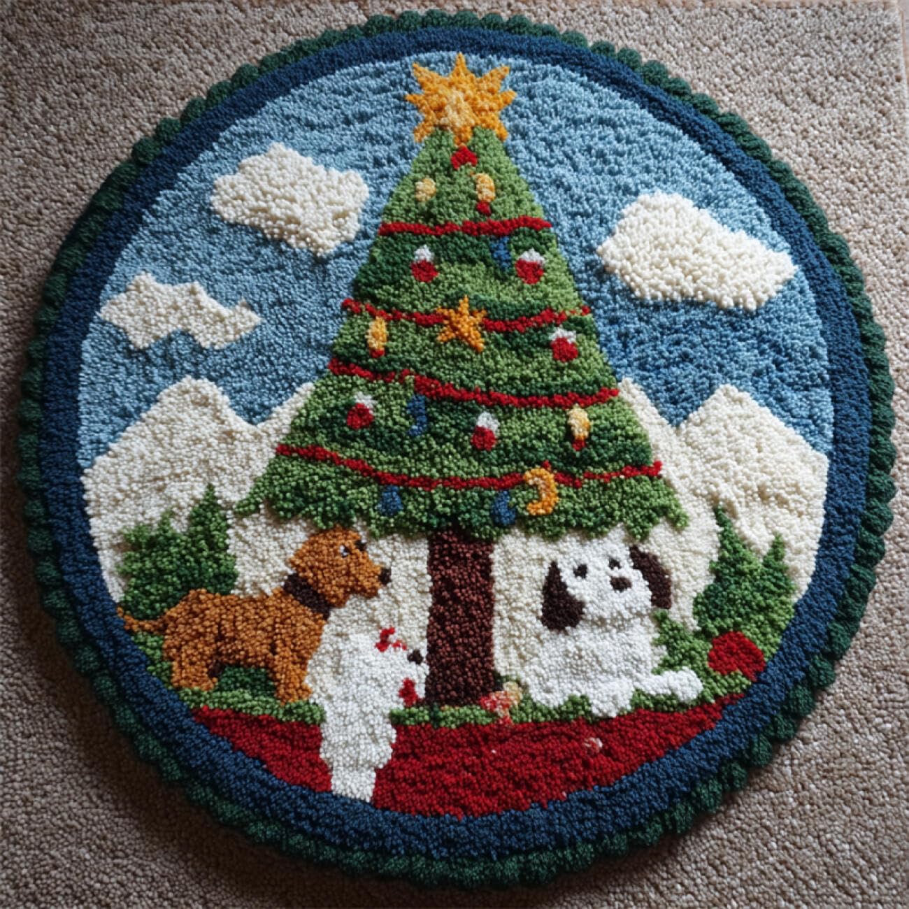 Kitquiver Dog Animal Latch Hook Kits Dog and Christmas Tree Latch Hook Kit for Beginners，Tapestry Carpet Latchs Set for Adults Self Knotting Set DIY Craft Kits 80x80cm