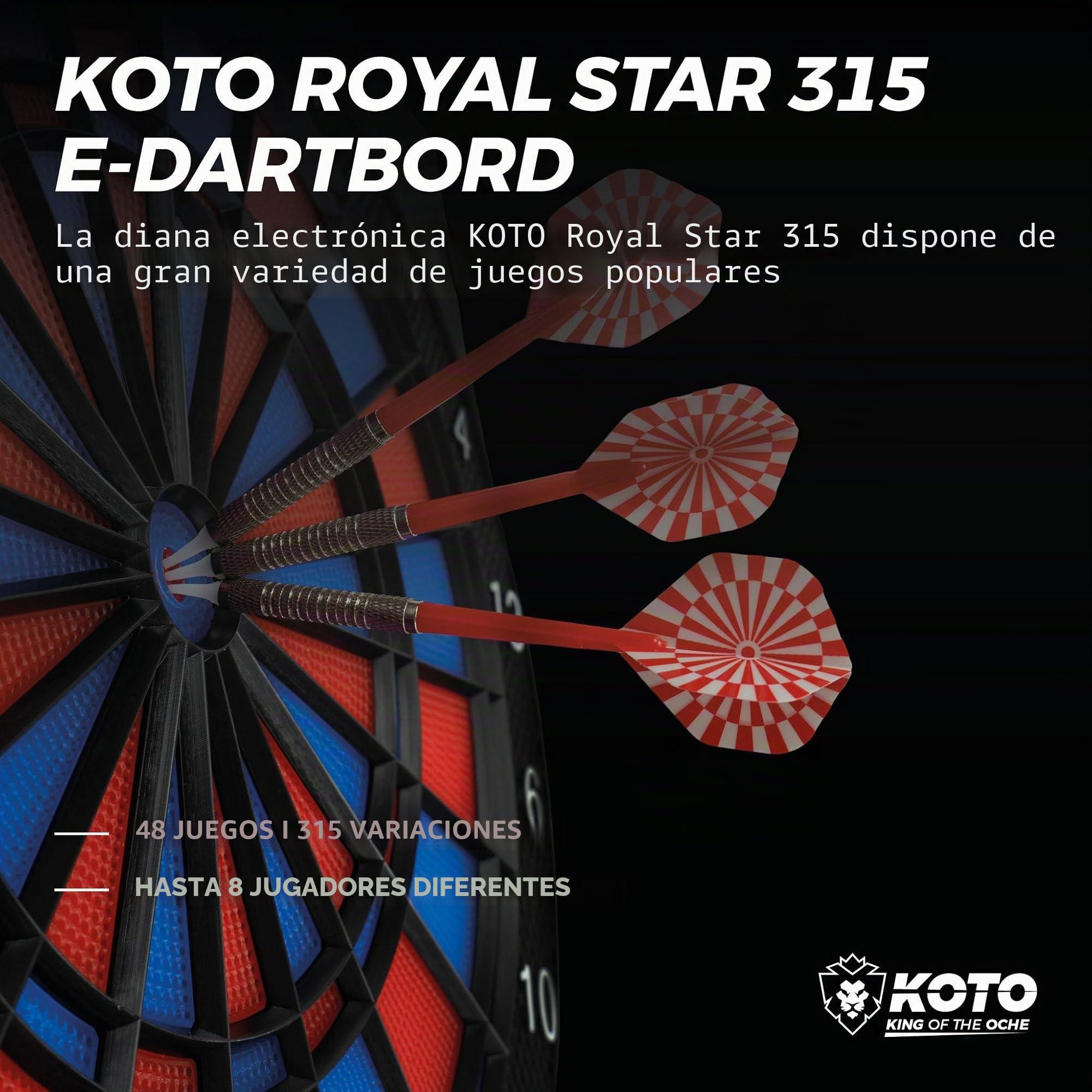 KOTO – Diana Electrónica Royal Star 315, 6 Dardos Soft, 48 Juegos, Más de 315 Variantes, Pantalla LED, para 1-8 Jugadores