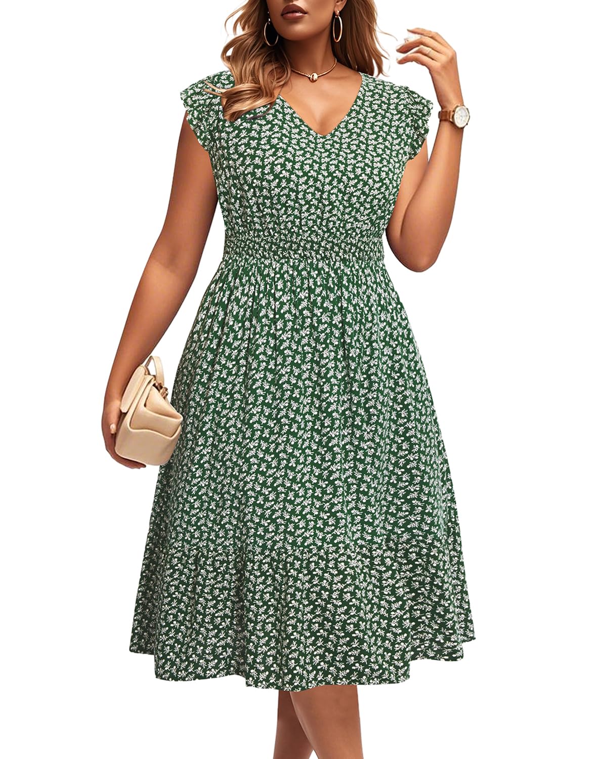 Plus Size Summer Dresses - Boho Casual V Neck Ruffle Sleeve Midi Sundress with Pockets