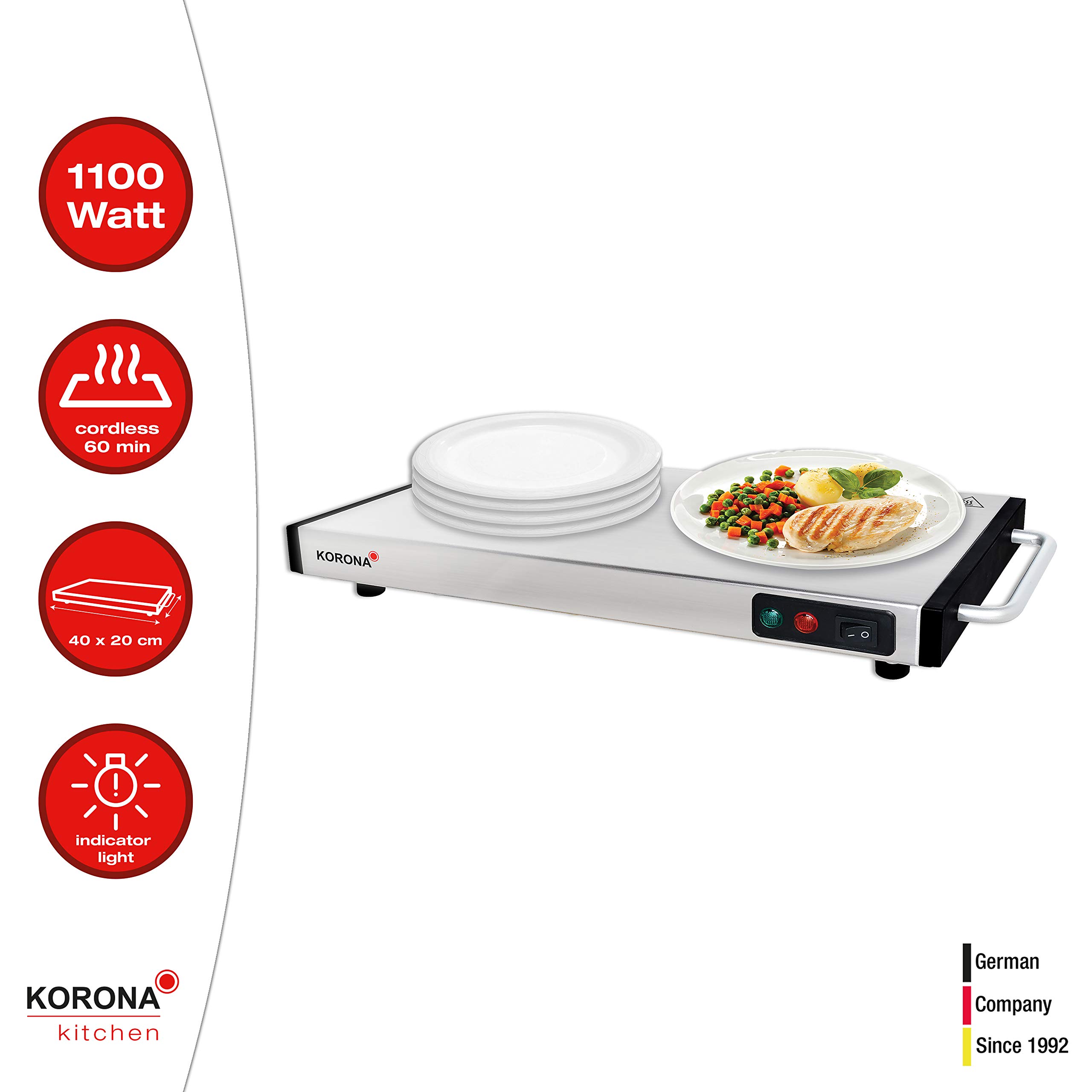 Korona 59500 Warmhalteplatte 1100 Watt max. zum Warmhalten von Speisen | kabellos nutzbar | 40 x 20 cm, Edelstahl
