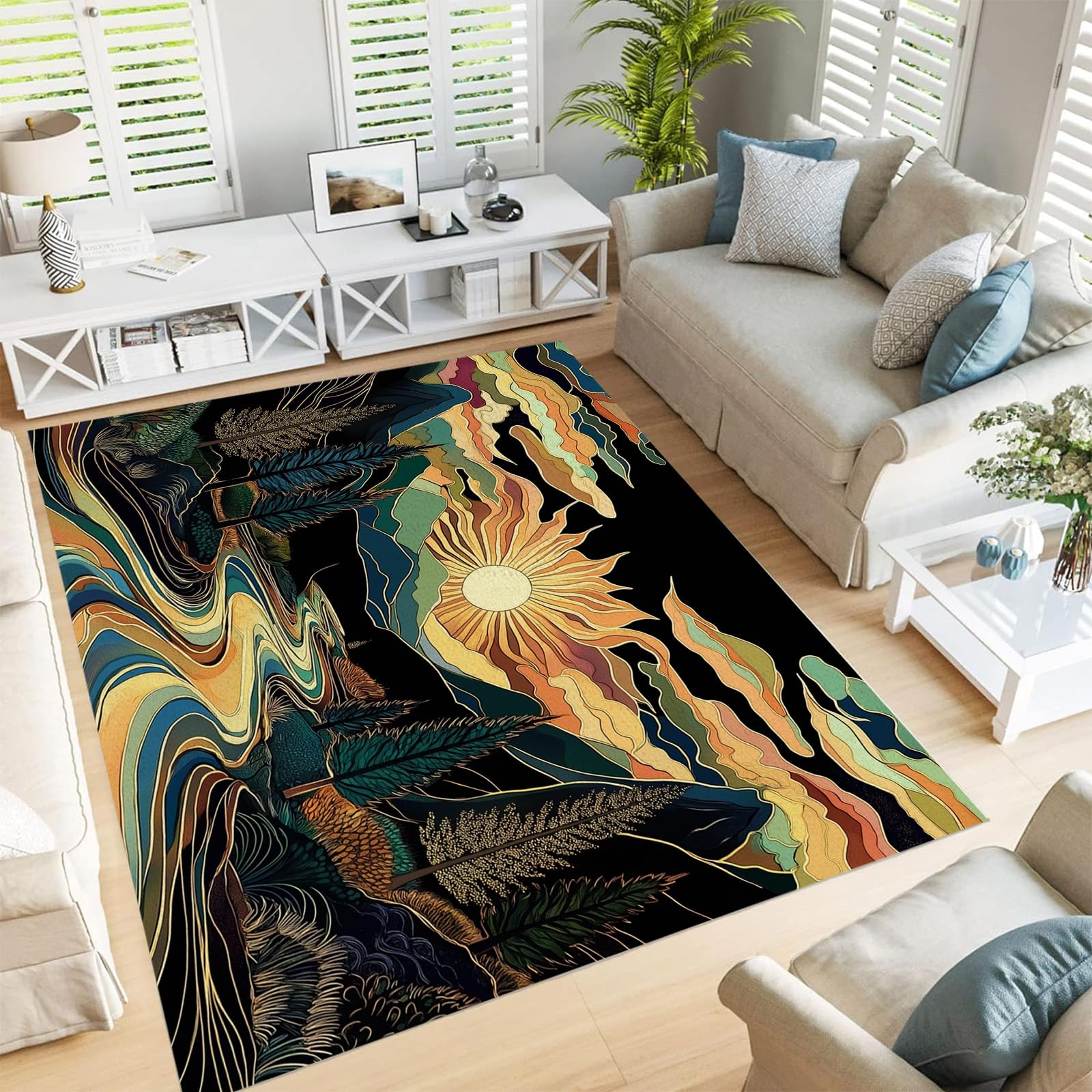 Tapis de salon lavable 160x230 cm moderne motif nuages colorés et montagne