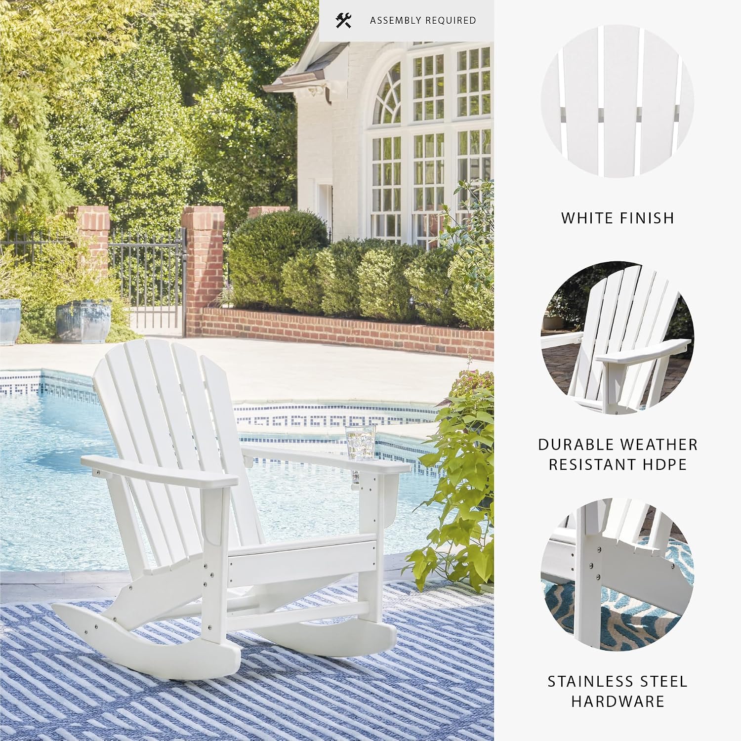 Signature Design by Ashley Sundown Treasure HDPE Patio Rocking Chair, White | Durable weather resistant HDPE with built-in cup holder, Adirondack style for backyard or porch layouts