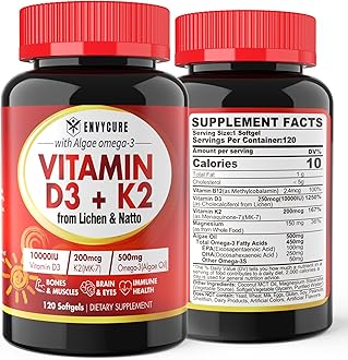 Vitamin D3 10000 iu Supplement Plus K2 (MK-7) 200 mcg, Omega 3, Methyl B12, Magnesium, Plant Based Vitamin D3 K2 Softgels for Bone, Muscle & Immune, Higher Absorption, Easy to Swallow, 2 Pack