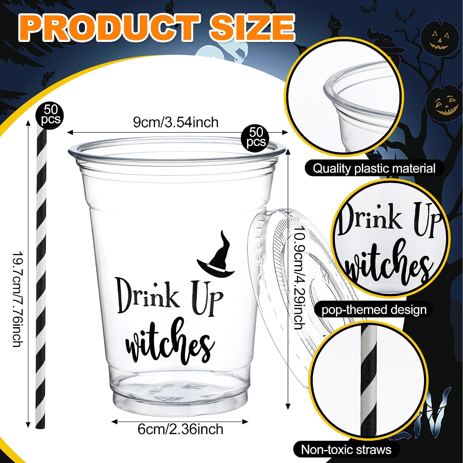 Halloween Potion Bar Party Supplies Include 2 Pcs Pre-Strung Banner 1 Pcs Pick Your Poison Wooden Bar Sign 50 Pcs Drink Up Witches Disposable Cups 50 Black White Striped Paper Straws image 3